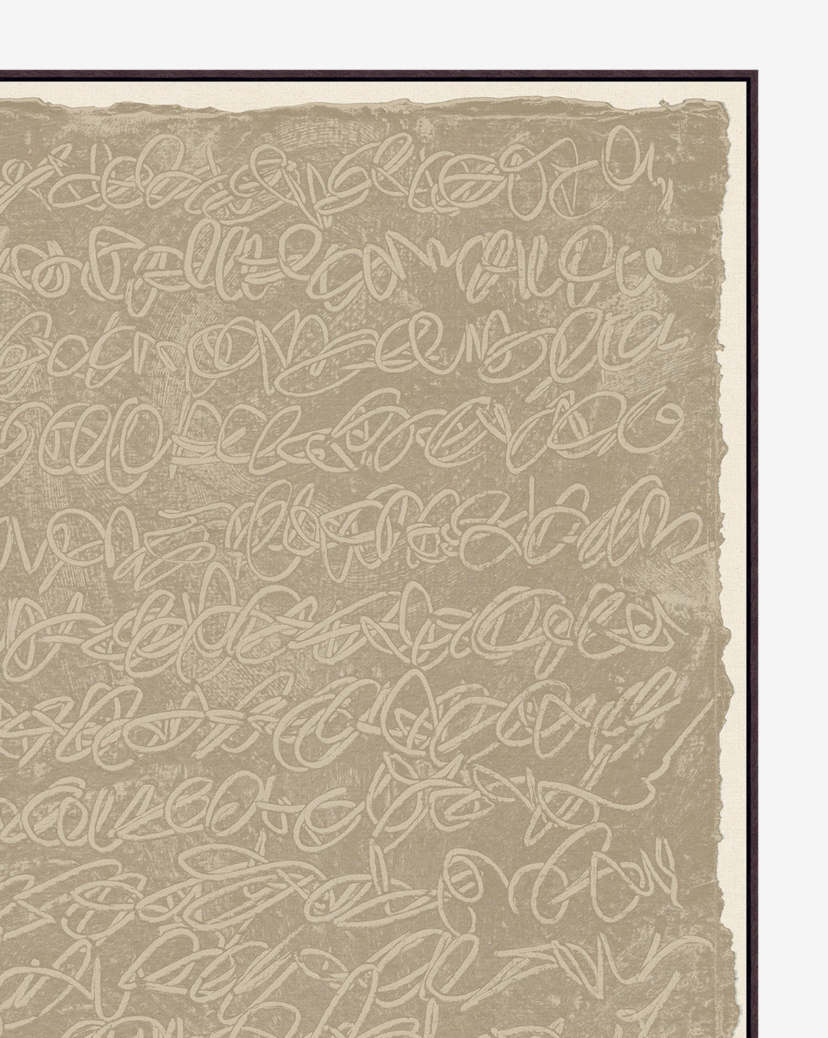 Busy Mind features a textured beige background accented with cream, abstract cursive scribbles and artistic doodles, enhanced for texture. The large wall art is framed by a thin dark border.