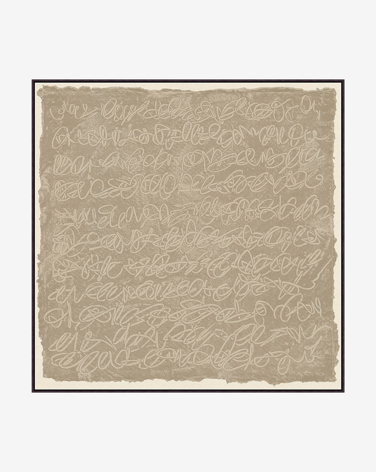Busy Mind is a square artwork with abstract, looping white scribbles on a textured beige background, framed by a thin dark border—perfect as large wall art and evoking the energy of an active mind.