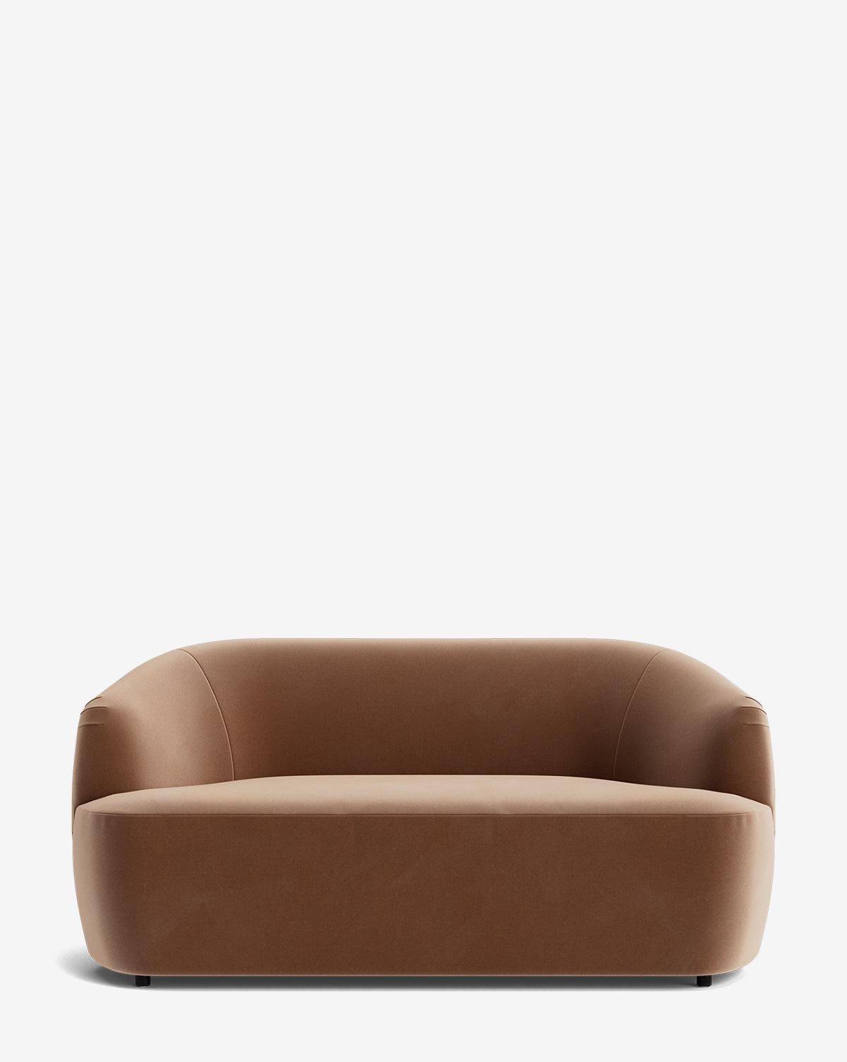 The Byron Settee 68 is a modern, minimalist brown velvet settee featuring a smooth, curved backrest and armrests, shown against a plain white background by McGee & Co.