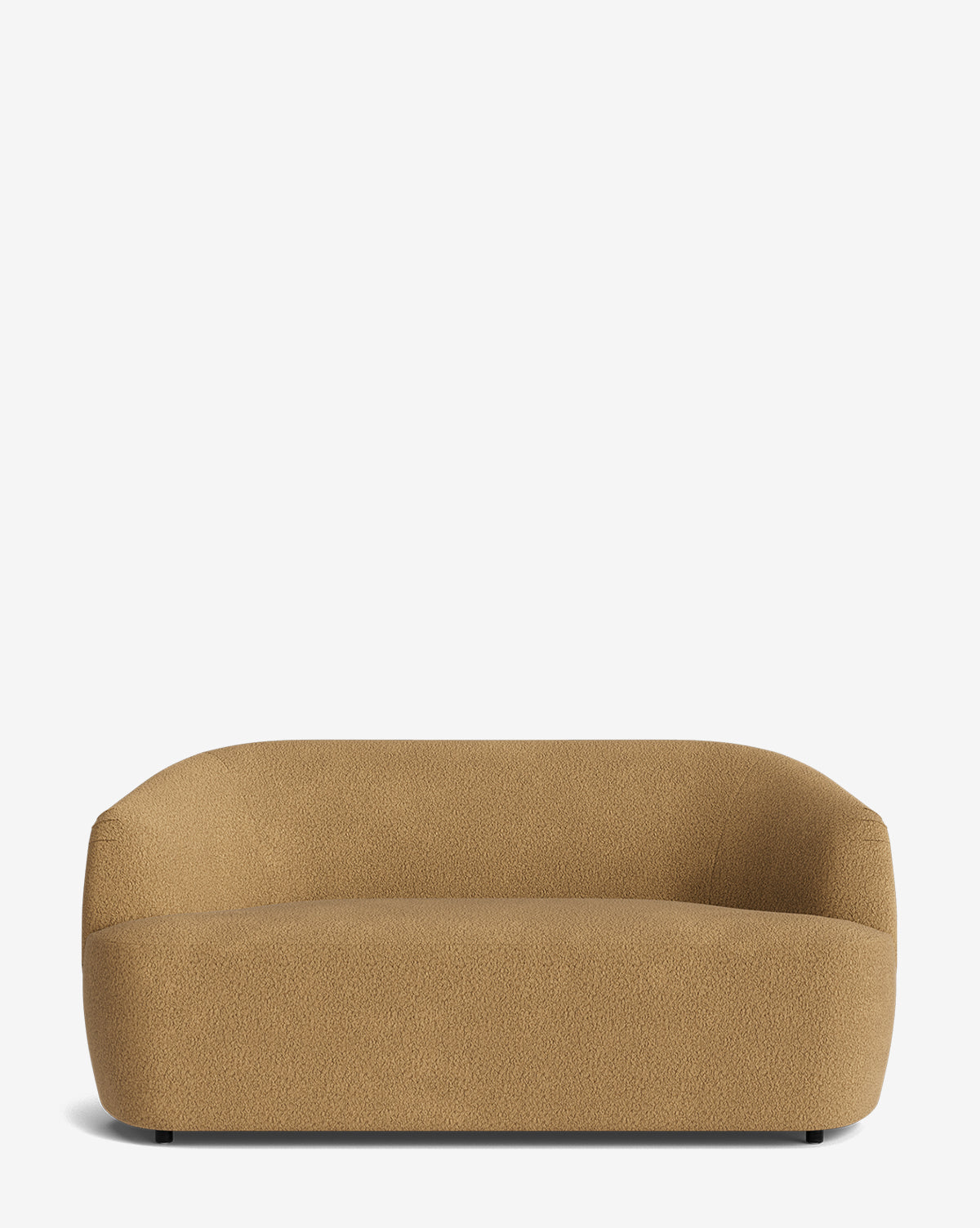 The Byron Settee 68 features a modern, low-profile silhouette with a rounded, minimalist design and curved back, upholstered in textured light brown fabric, shown against a plain white background by McGee & Co.