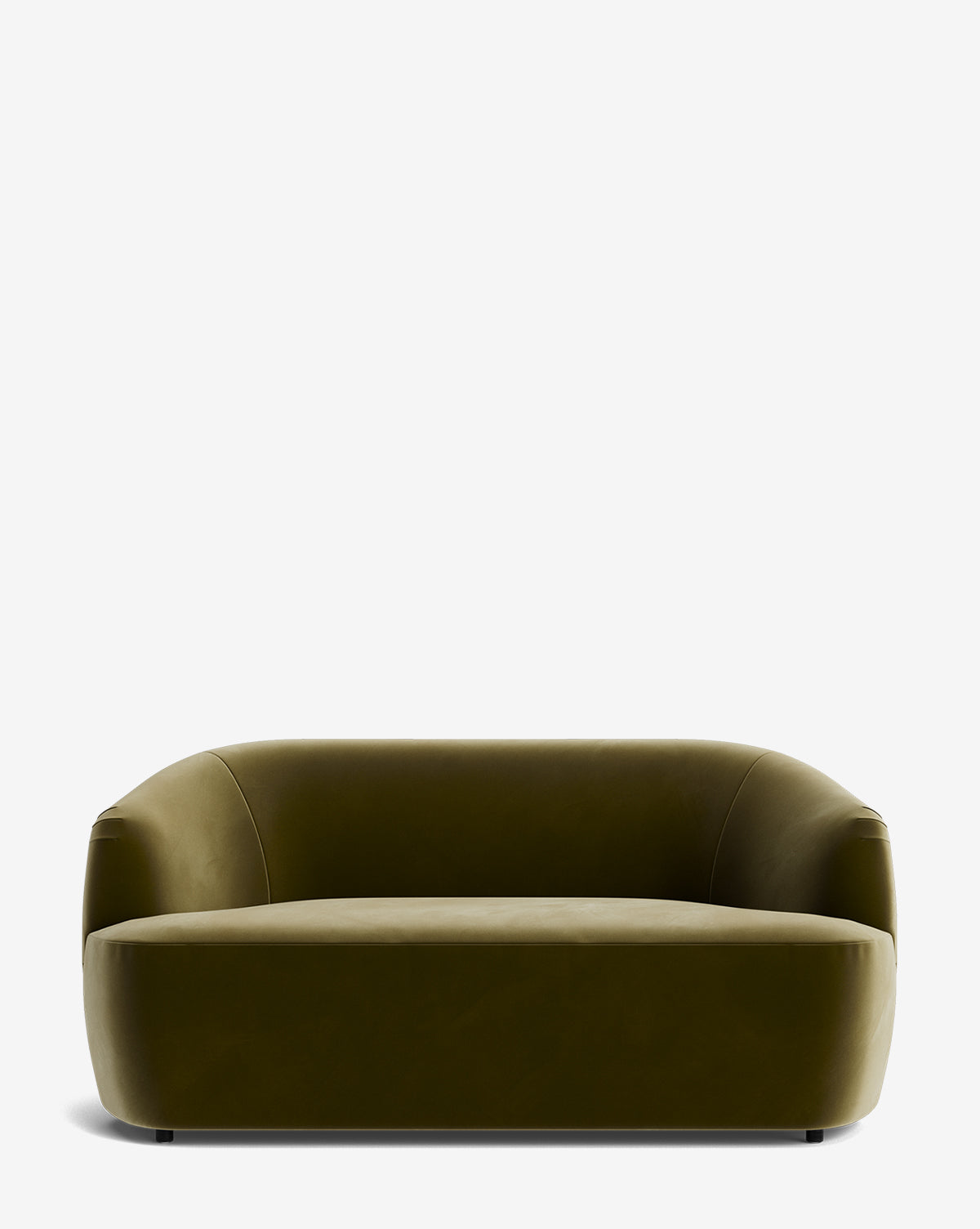 The Byron Settee 68 is a modern olive green velvet settee featuring a curved back, rounded edges, and low profile, shown against a plain white background by McGee & Co.