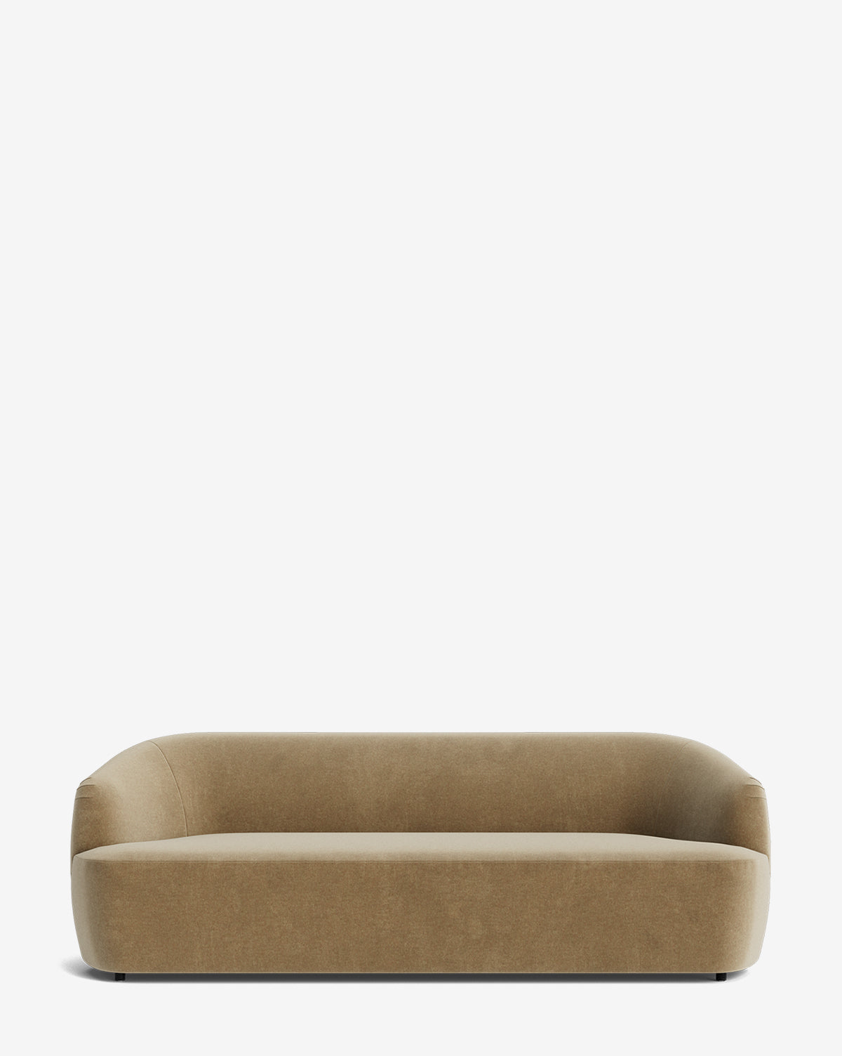 The Makerspalm Byron Sofa 96 in light brown showcases a minimalist, modern design with a curved back and rounded edges, and is displayed on a plain white background. McGee & Co.