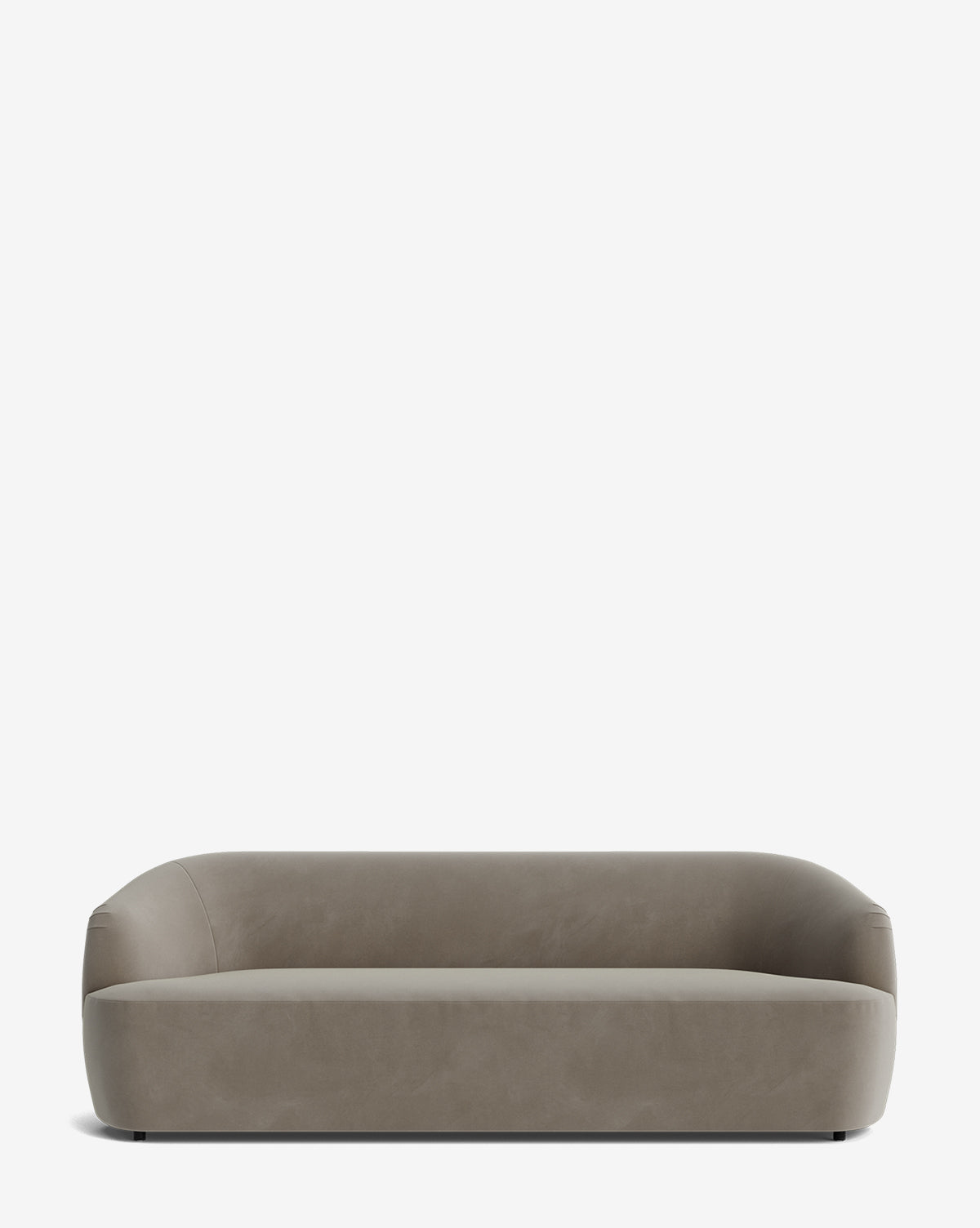 The Makerspalm Byron Sofa 96 showcases a modern, minimalist design with a low backrest, curved armrests, and smooth taupe upholstery, set against a plain white background. McGee & Co.