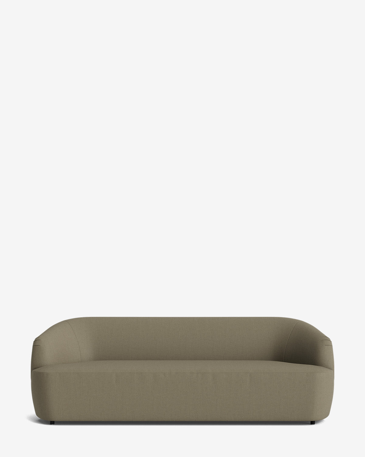 A modern, minimalist Byron Sofa 96 in olive-green with rounded edges and low armrests sits against a plain white background, by McGee & Co.