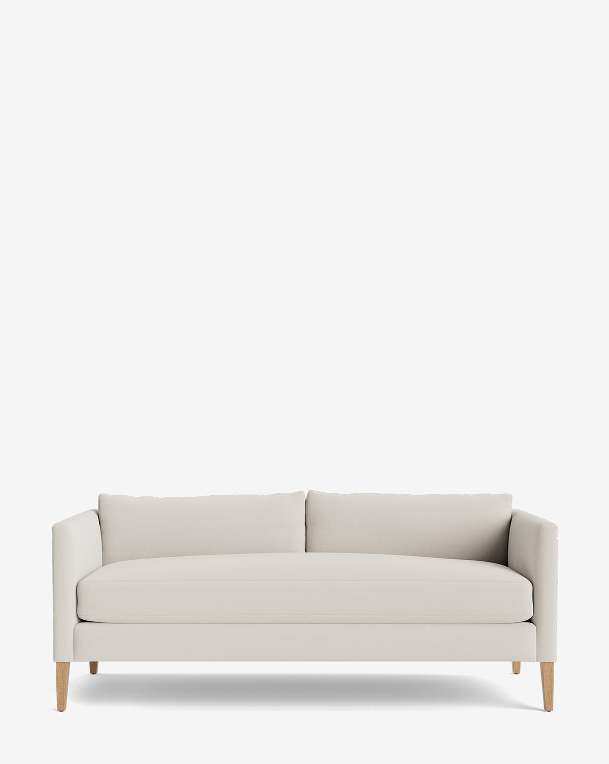 The Cade Sofa 80 is a modern, light beige down-wrapped sofa featuring clean lines, two back cushions, and wooden legs. Its minimalistic, contemporary design stands out against a plain white background by McGee & Co.