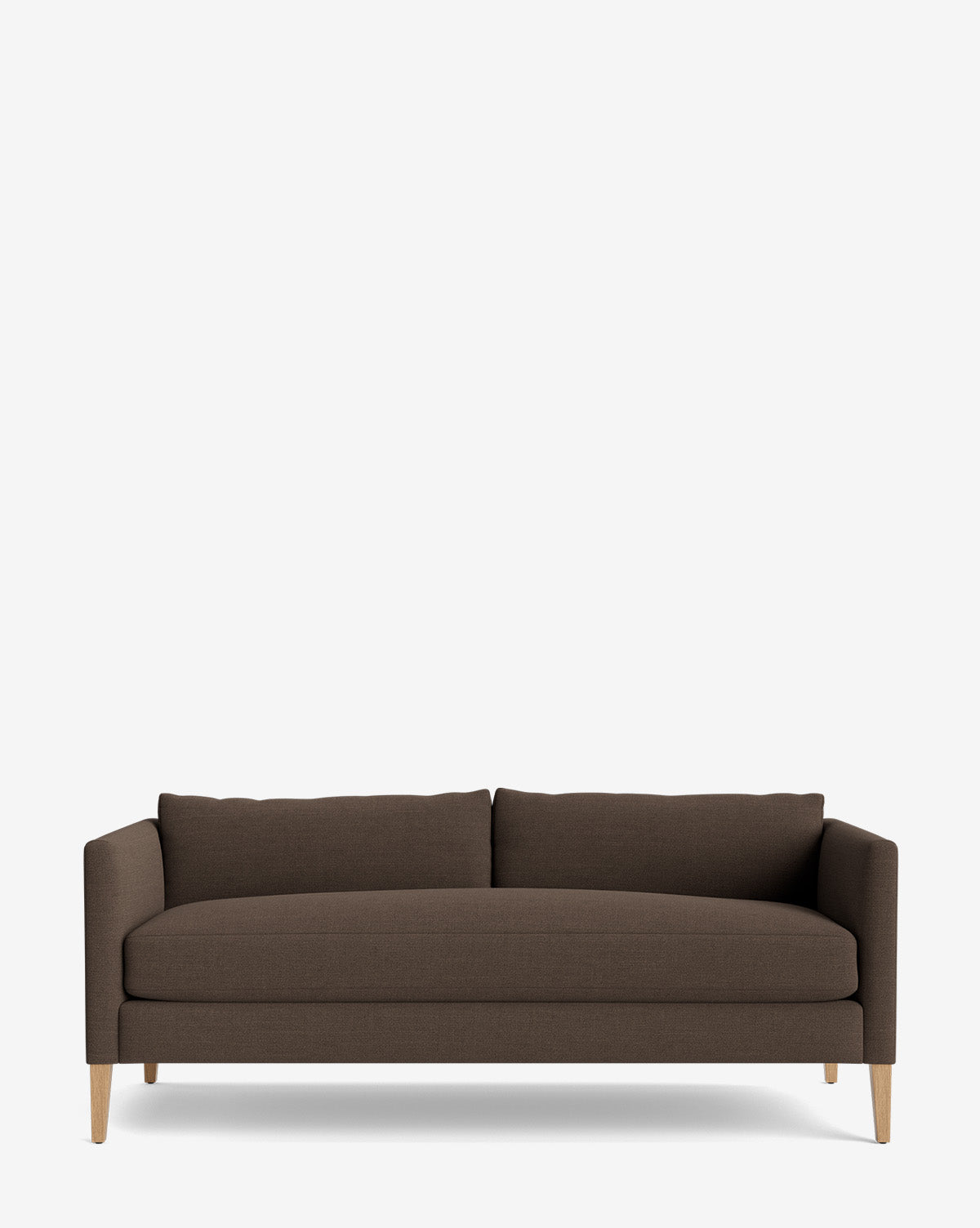 The Cade Sofa 80 is a modern brown fabric sofa with square arms, natural wood legs, and down-wrapped seat cushions, by McGee & Co. Set against a white background, it features a minimalist design with two large seat cushions.