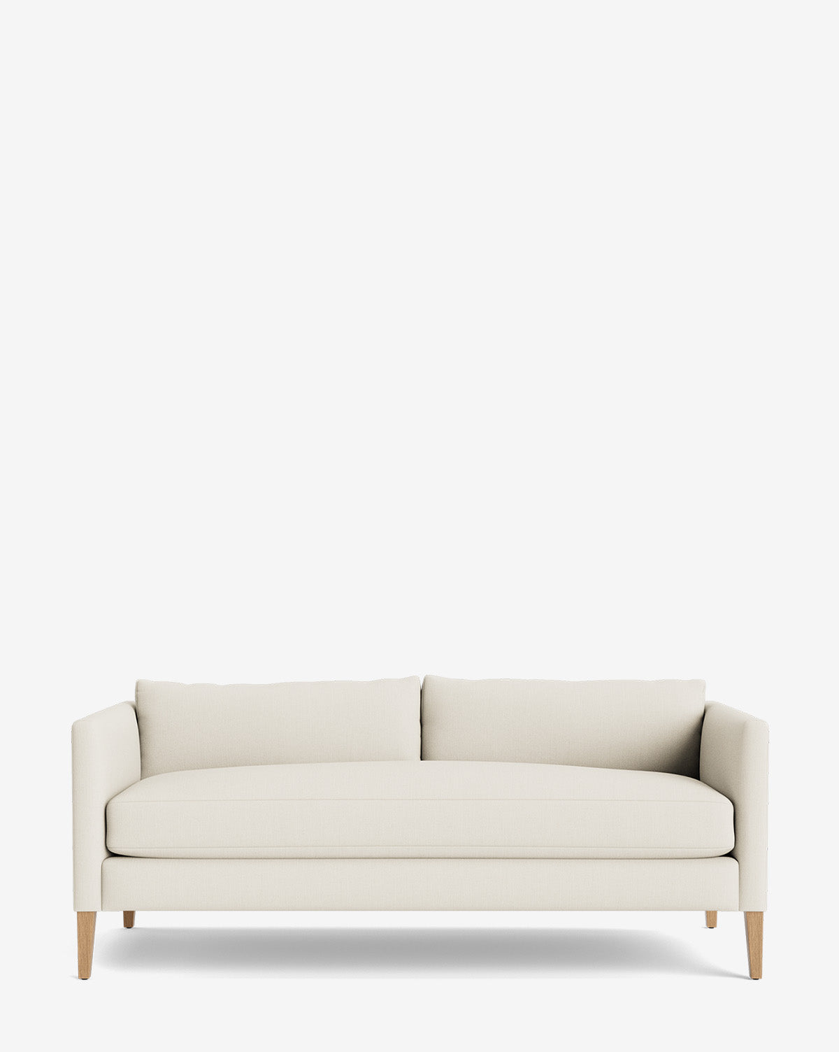 The Cade Sofa 80 is a modern, minimalist cream-colored down-wrapped sofa featuring clean lines, two back cushions, and light wooden legs, shown against a plain white background by McGee & Co.