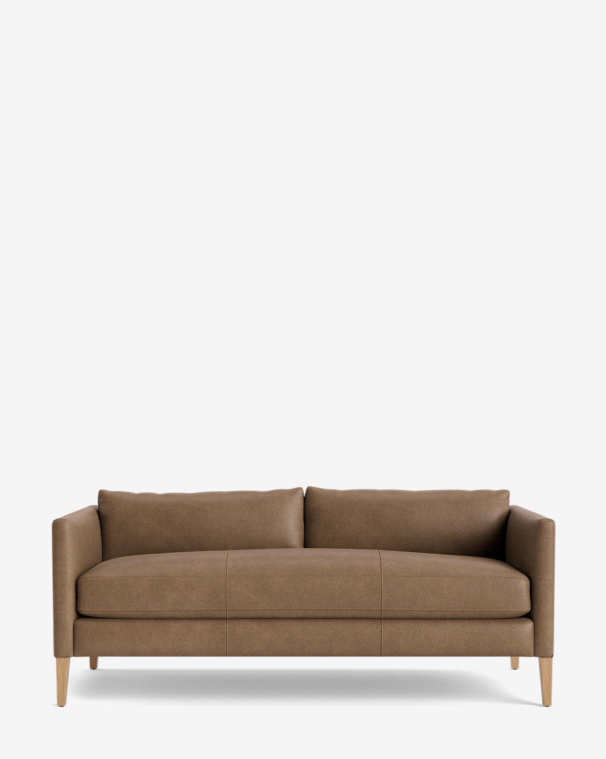 The Cade Sofa 80 is a brown, modern three-seater with straight arms and wooden legs, featuring two large seat cushions and two back cushions, by McGee & Co. Down-wrapped cushions add extra comfort. Shown against a plain white background.