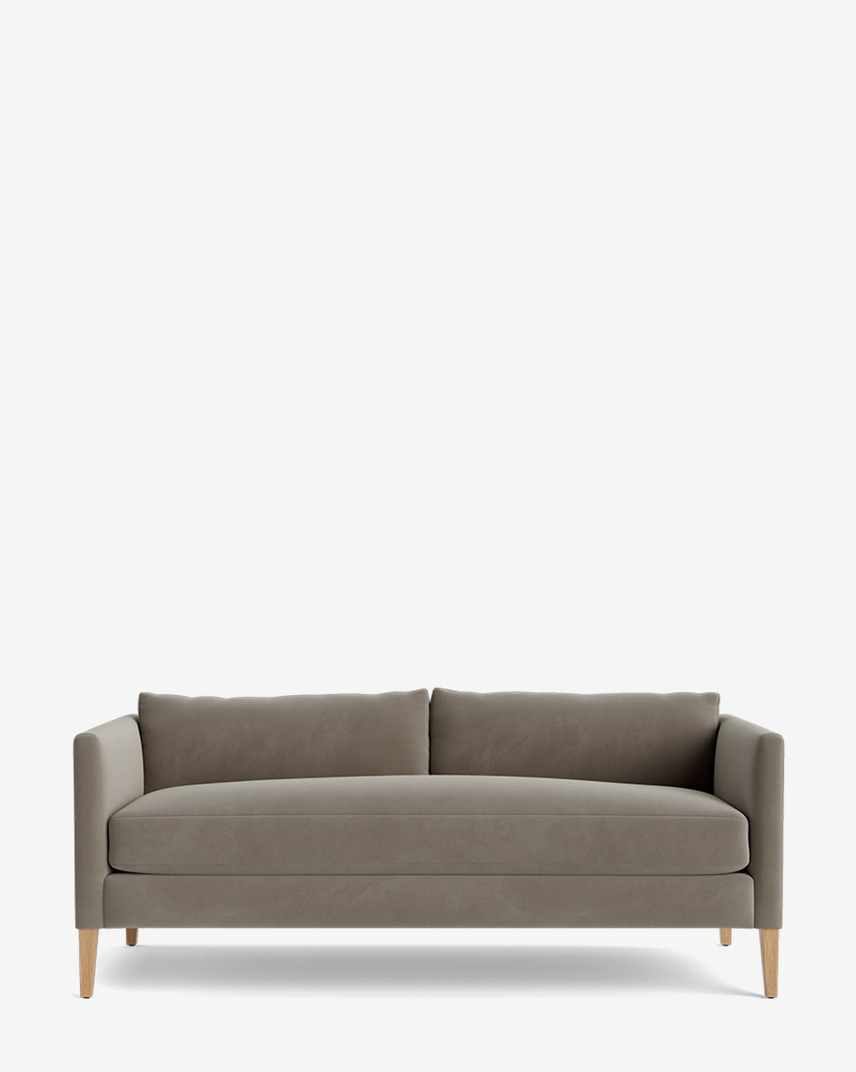 The Cade Sofa 80 is a modern grey upholstered sofa with a single seat cushion, two back cushions, slim straight arms, and wooden legs, shown against a plain white background by McGee & Co.