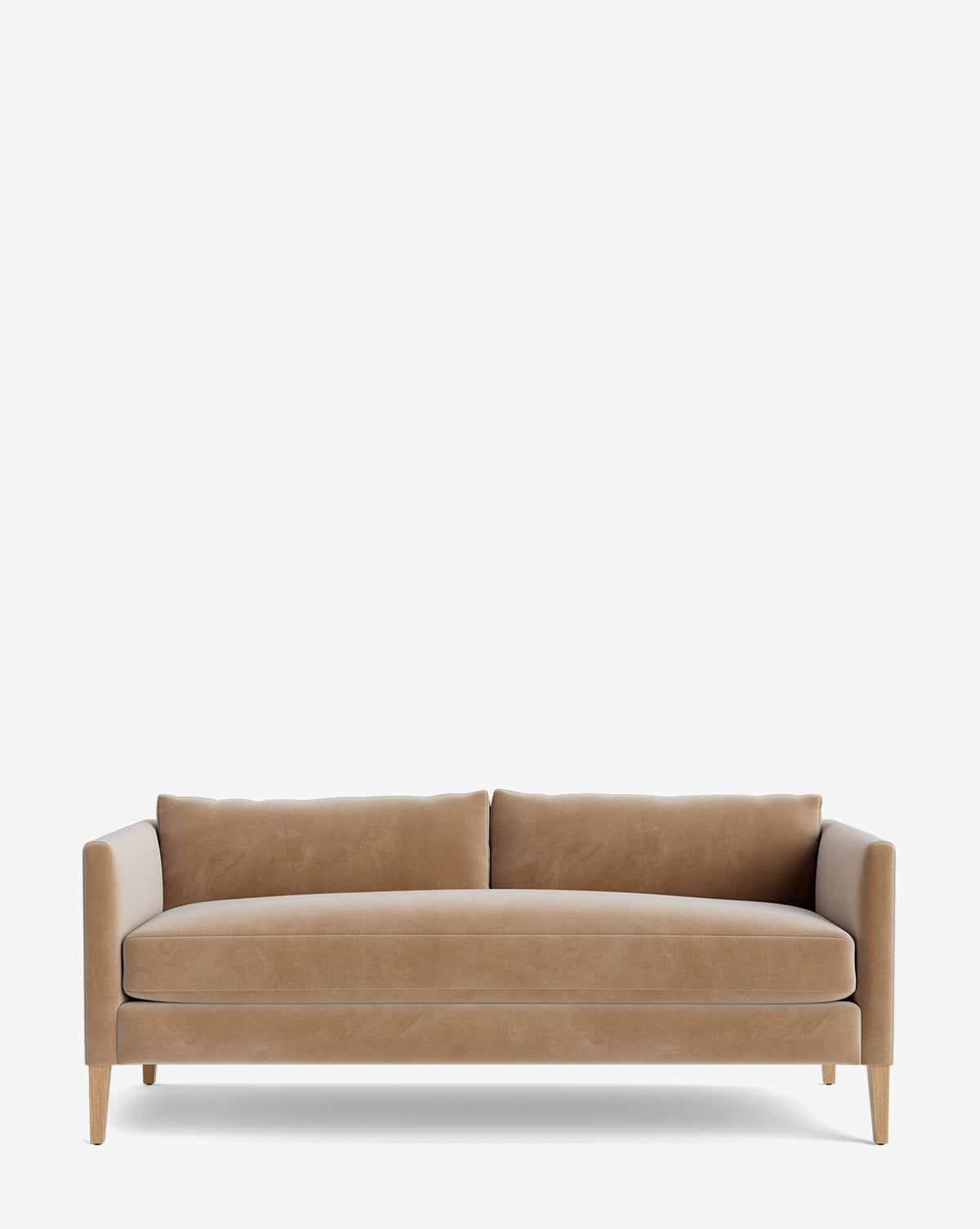 The Cade Sofa 80 is a modern, light brown upholstered sofa featuring a single cushion, two back cushions, clean lines, and angled wooden legs, shown against a plain white background by McGee & Co.