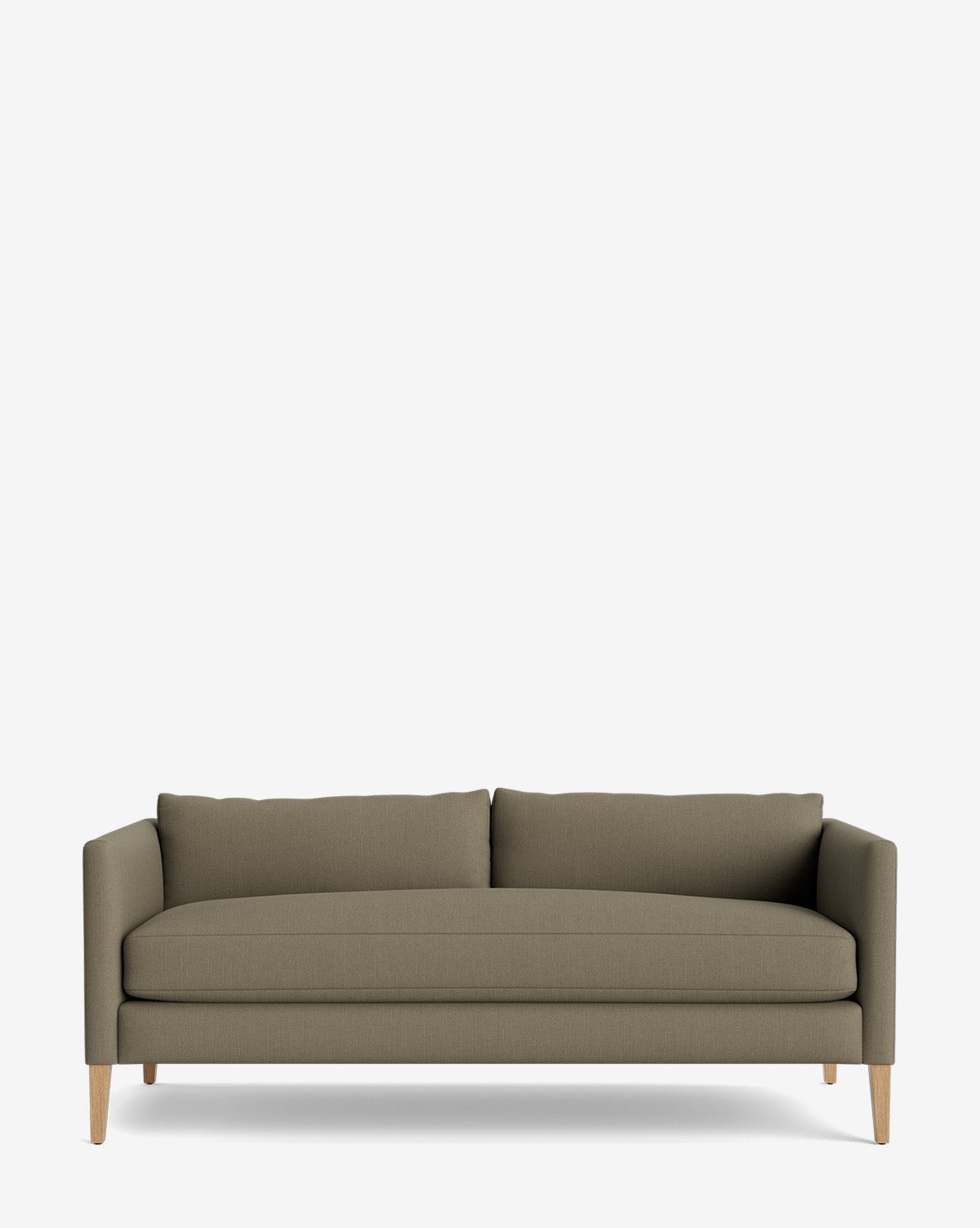 The Cade Sofa 80 is a modern olive green single-cushion sofa with clean lines, wooden legs, and two large back cushions, shown against a plain white background by McGee & Co.