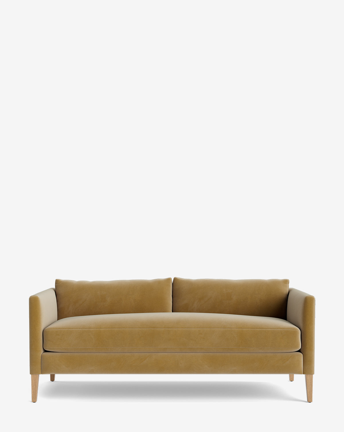 The Cade Sofa 80 is a modern, mustard-yellow velvet sofa with down-wrapped cushions, straight wooden legs, and a cushioned backrest, shown against a plain white background by McGee & Co.