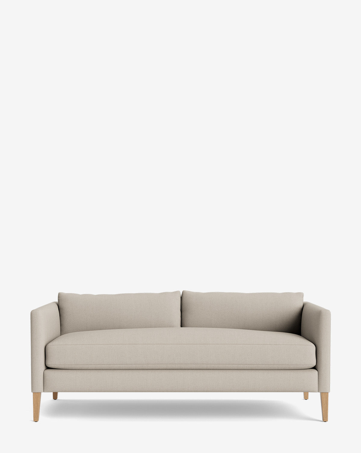 The Cade Sofa 80 features wooden legs, two back cushions, a minimalist design, and down-wrapped comfort, shown against a plain white background by McGee & Co.