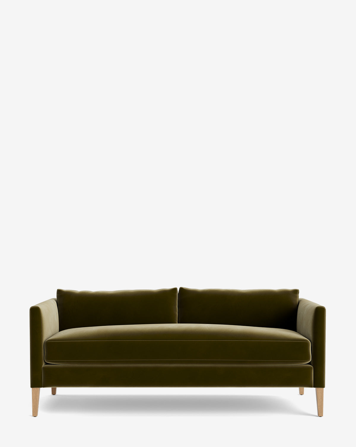 The Cade Sofa 80 features clean lines, an olive green velvet finish, down-wrapped seat cushions, and light wooden legs, showcased against a plain white background by McGee & Co.