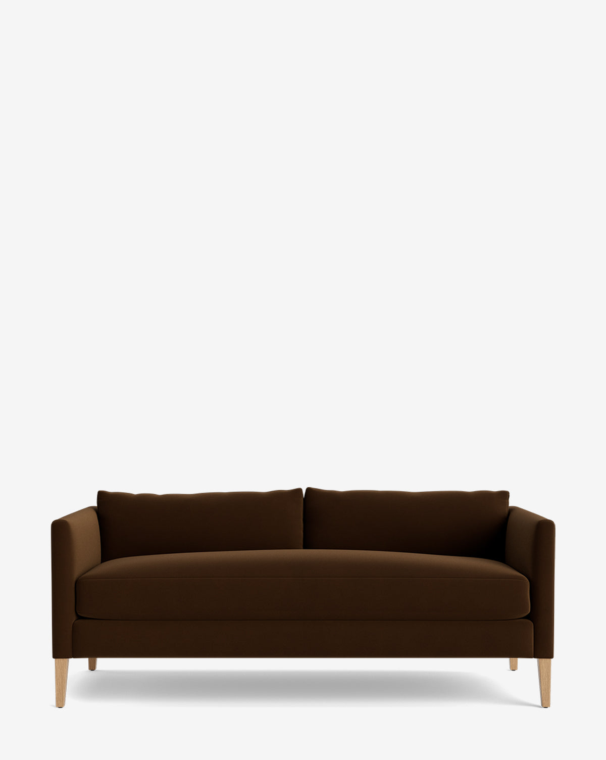The Cade Sofa 80 features a modern design with dark brown upholstery, down-wrapped cushions, clean lines, two seat cushions, and light wooden legs, set against a plain white background by McGee & Co.