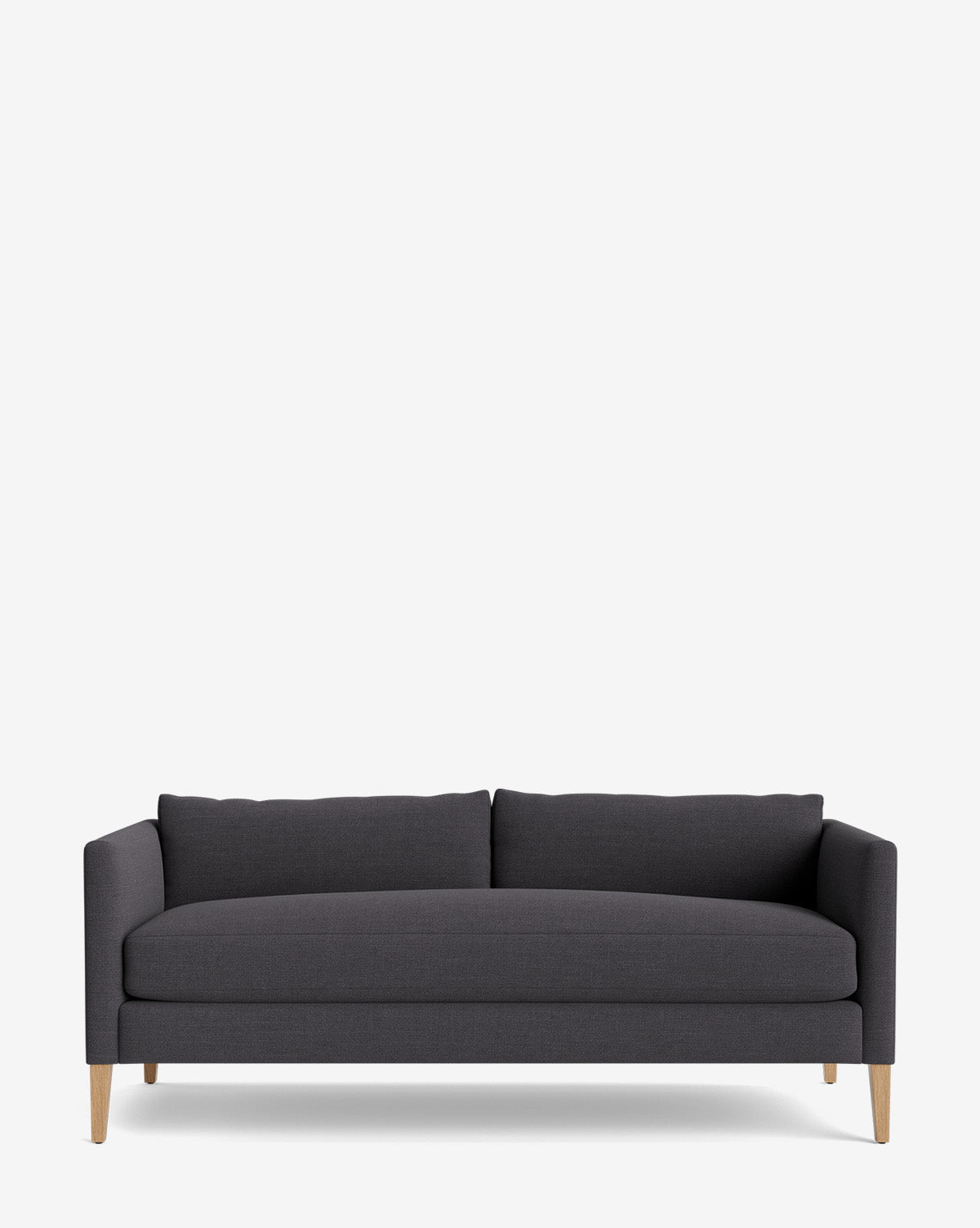 The Cade Sofa 80 is a modern dark gray upholstered single-cushion sofa with down-wrapped comfort and wooden legs, featuring clean lines and a minimalist design, shown against a plain white background by McGee & Co.