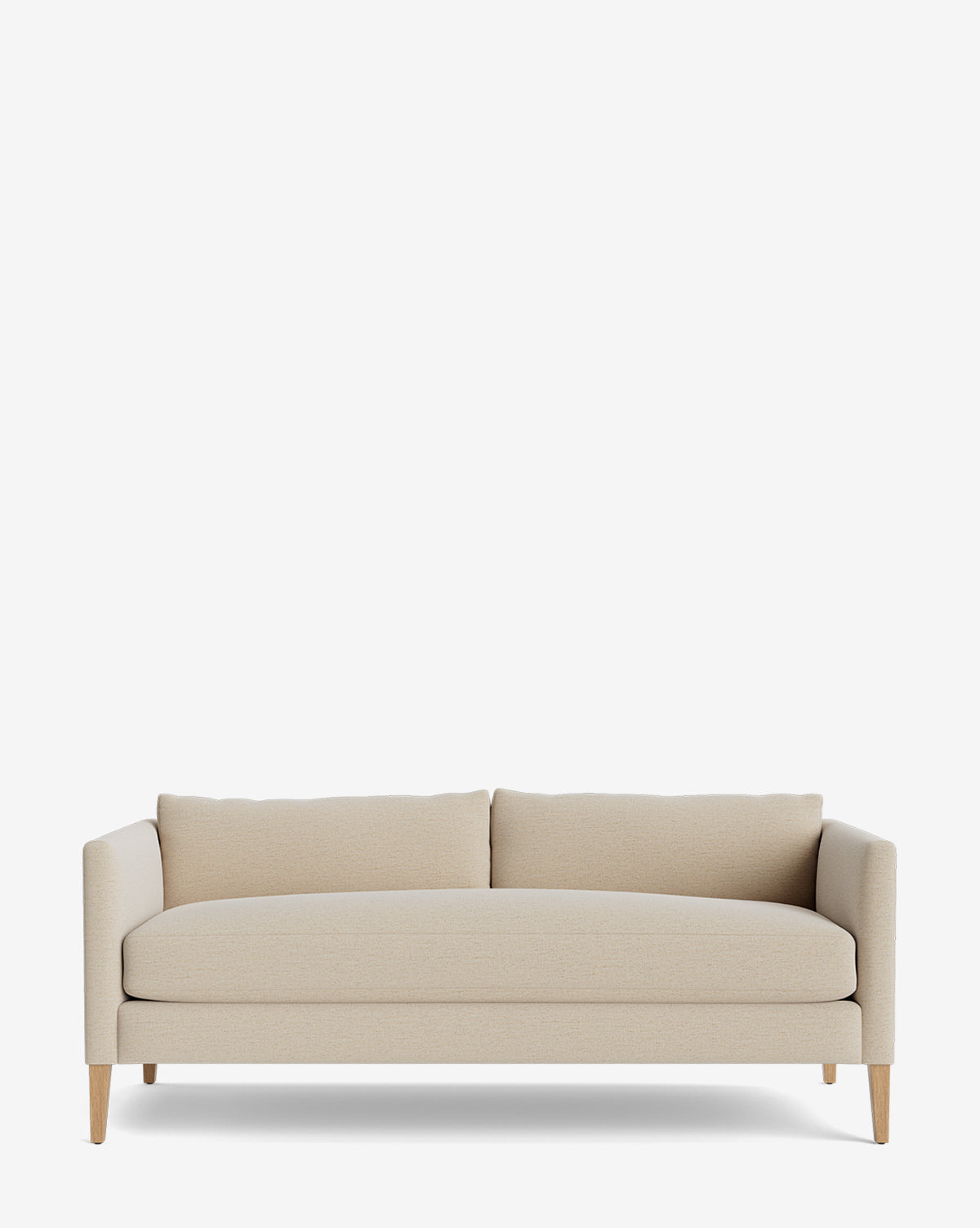 The Cade Sofa 80 is a modern beige down-wrapped sofa with two back cushions, straight arms, and light wooden legs, shown from the front against a plain white background by McGee & Co.