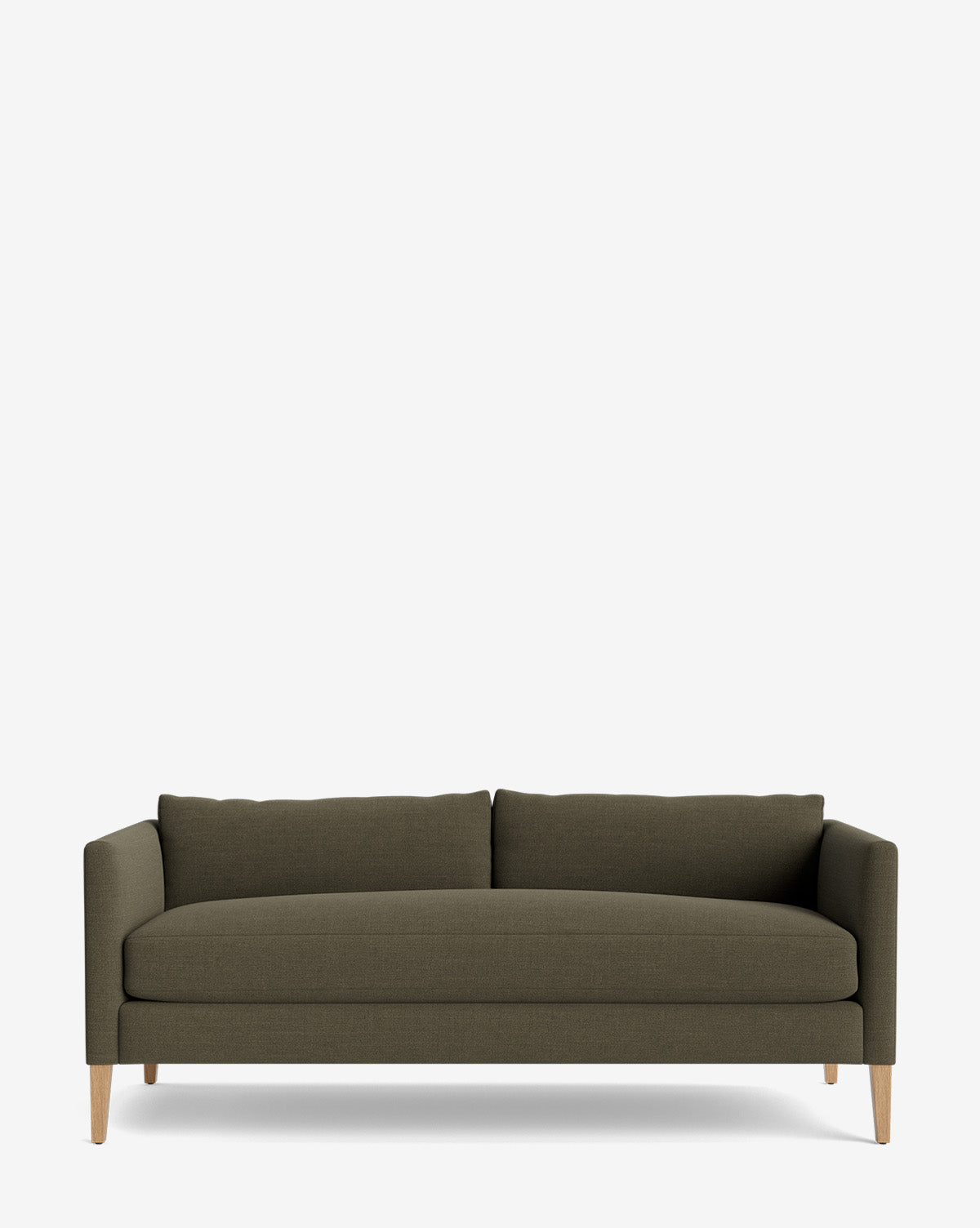 The Cade Sofa 80 is a modern, down-wrapped olive green sofa with clean lines, two back cushions, and light wooden legs, shown against a plain white background by McGee & Co.