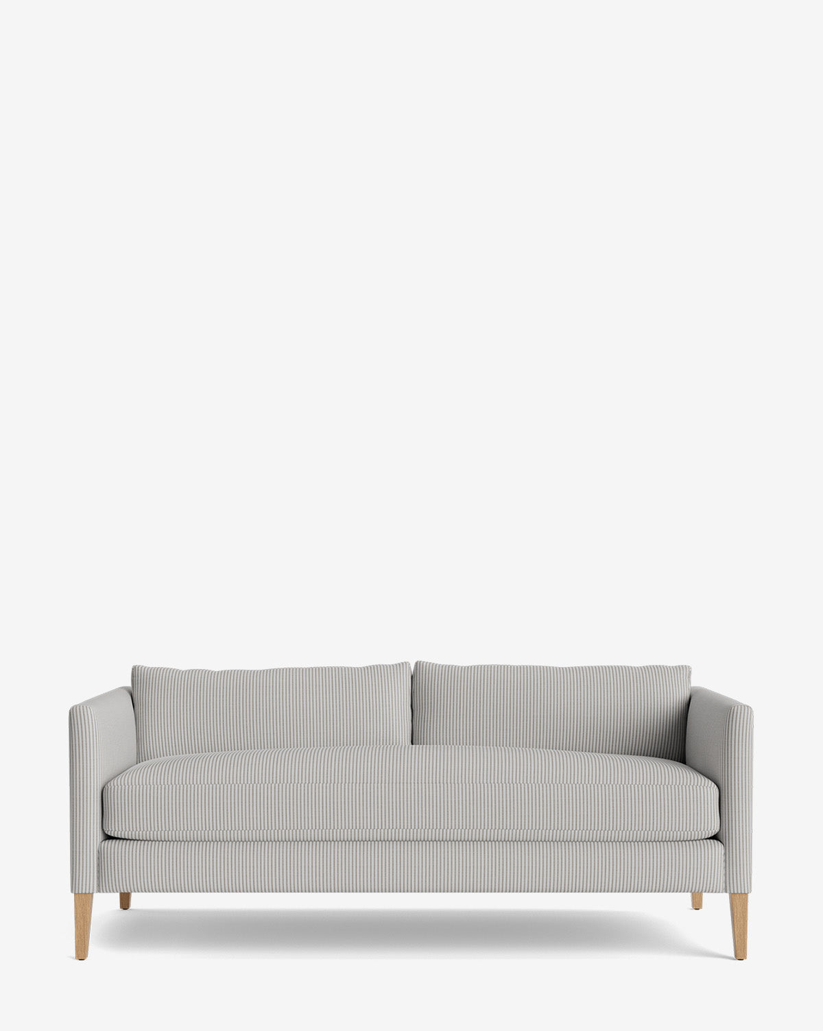 The Cade Sofa 80 features a modern design with light gray stripes, wooden legs, two backrest cushions, and down-wrapped seat cushions, showcased against a plain white background by McGee & Co.