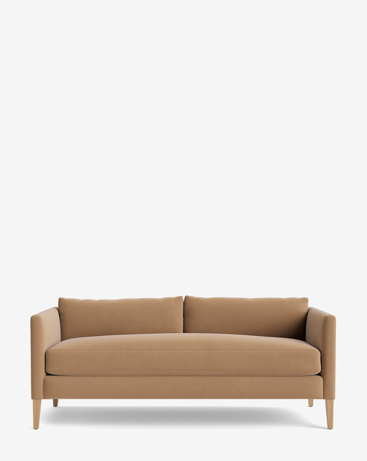 The Cade Sofa 80 features a modern design with a light brown single cushion, two back cushions, straight arms, and light wooden legs, shown against a plain white background by McGee & Co.