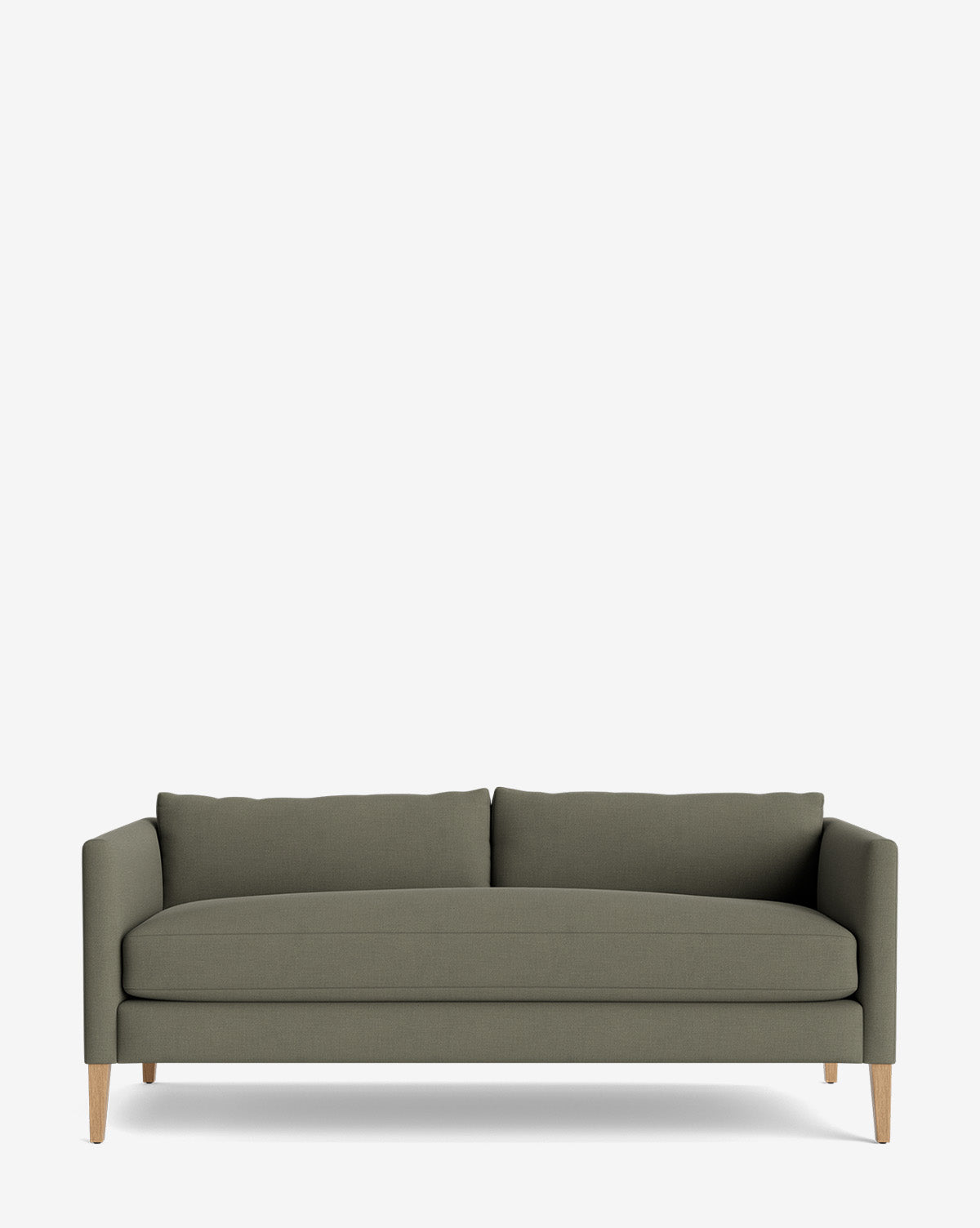 The Cade Sofa 80 is a modern, olive green sofa featuring clean lines, wooden legs, square arms, and down-wrapped seat cushions, shown against a plain white background by McGee & Co.