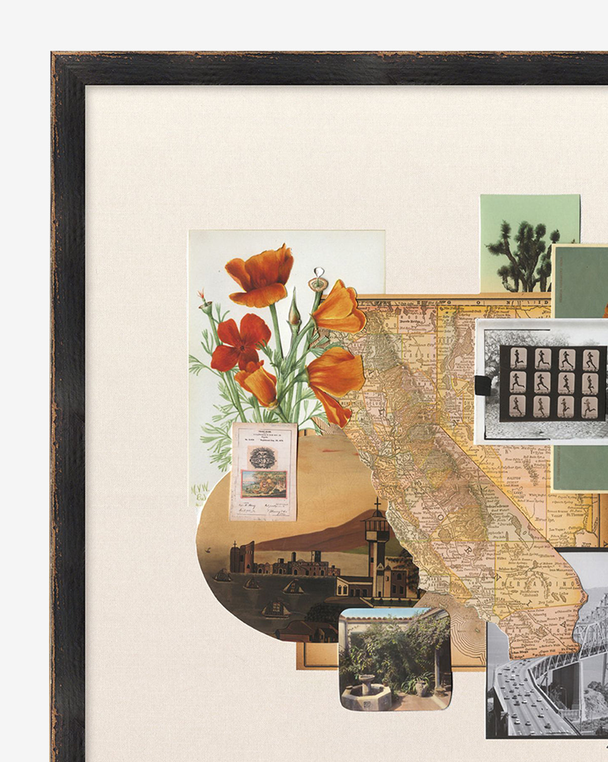 The California Time Capsule is a framed vintage collage with orange poppies, a California map, old photos, and scenic images layered on white—a unique piece celebrating the Golden State’s history.