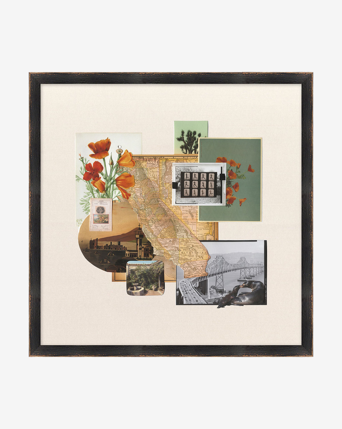 California Time Capsule: A framed vintage collage with a map of California, orange poppies, historic photos, a bridge, cactus, and postage stamps on a cream background.