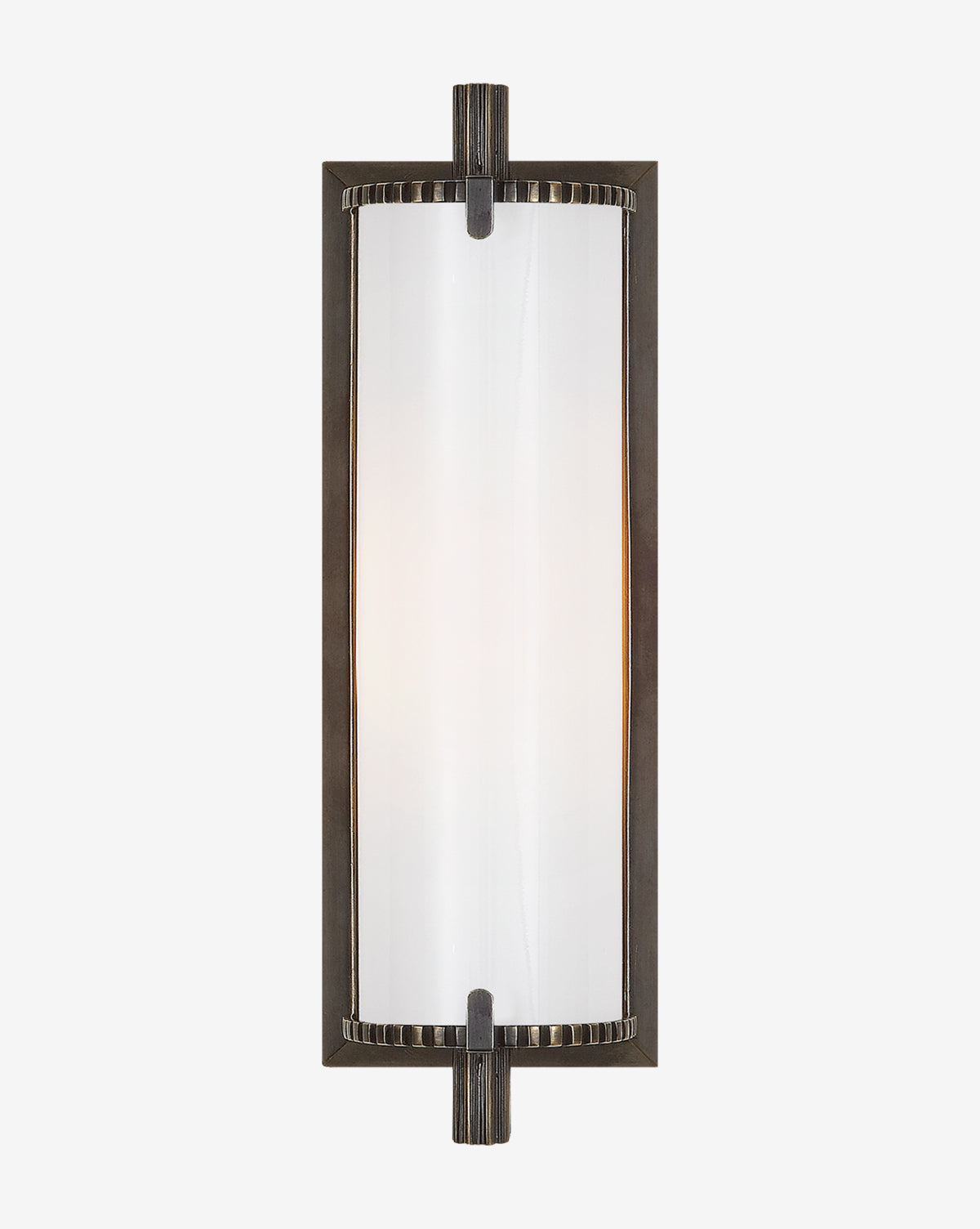 The Calliope Bath Light by Visual Comfort & Co. Signature pairs a rectangular black metal frame with a curved frosted glass shade, softly diffusing light—ideal as modern accent lighting for any space. McGee & Co.