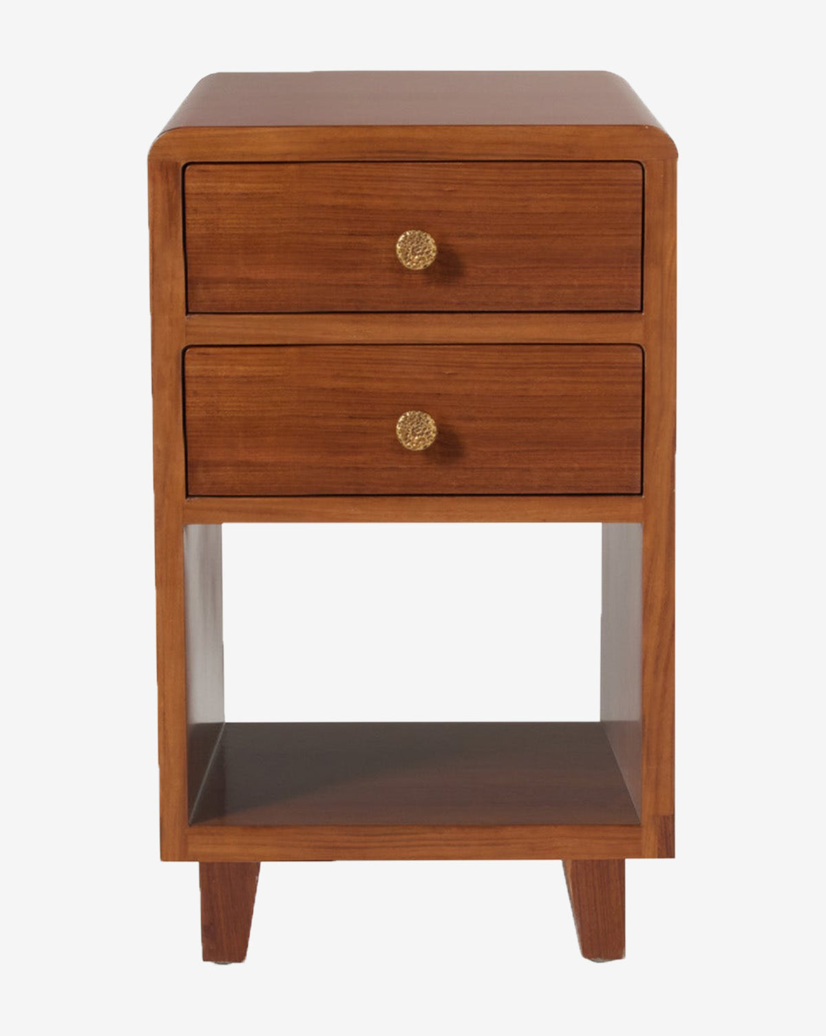 The Calperton Nightstand offers a teak veneer finish, two drawers with gold knobs, a bottom open shelf, and four tapered legs for modern style, by McGee & Co.
