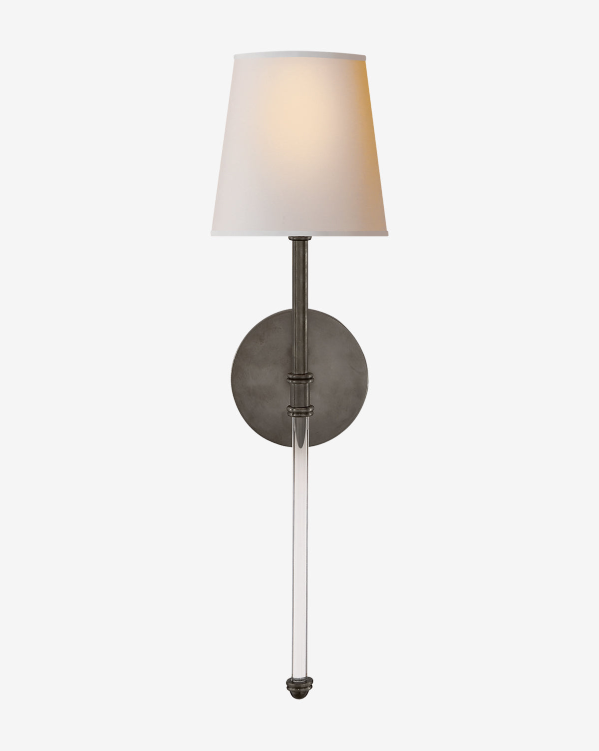 The Camille Sconce by Visual Comfort & Co. Signature showcases a round metal base, slender vertical rod, and white linen shade, offering elegant illumination against a plain white background by McGee & Co.