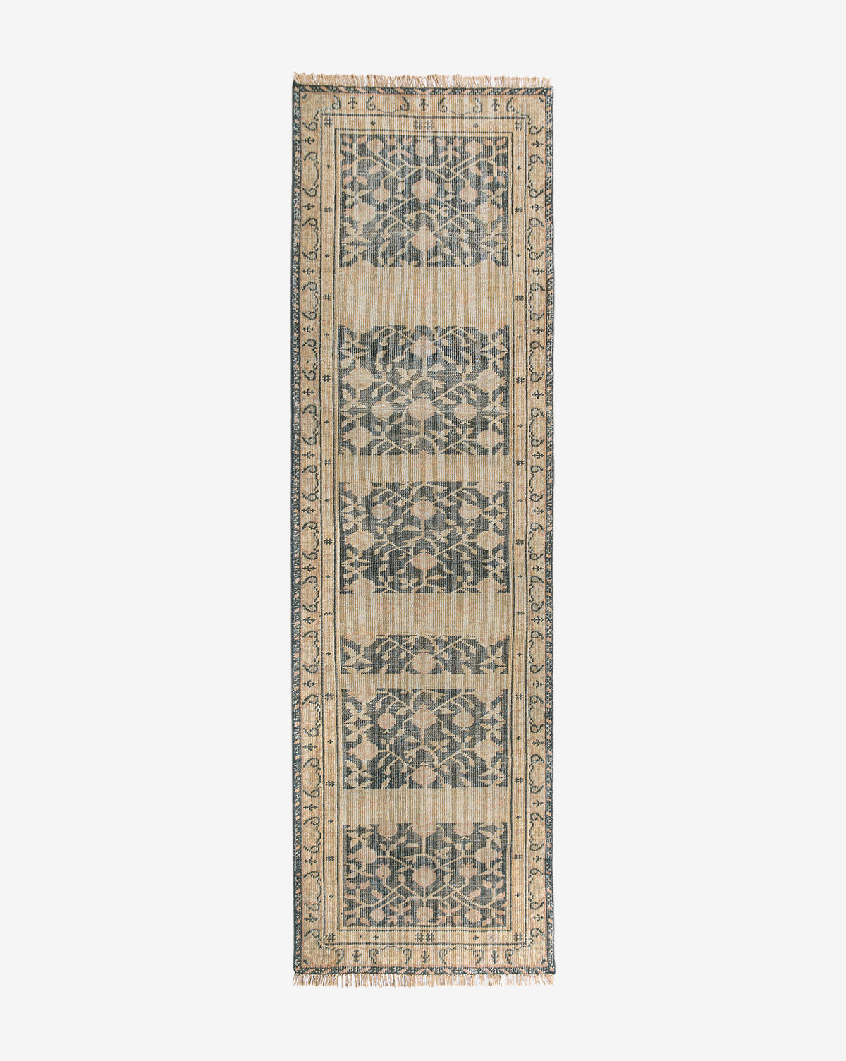 The Campanella Hand-Knotted Wool Rug features a rectangular beige base with a repeating dark blue floral and geometric central pattern, an ornate matching border, and short fringe at each end for artisan authenticity, by McGee & Co.