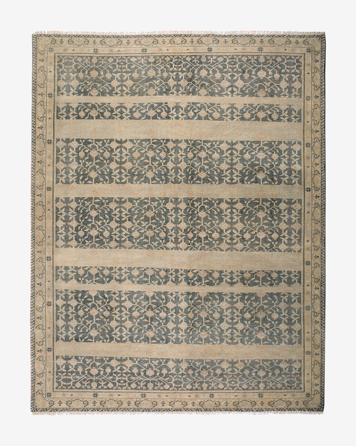 The Campanella Hand-Knotted Wool Rug features alternating horizontal bands of floral and vine motifs in muted beige and gray-blue, accented by a decorative border with artisan detailing and small floral designs, by McGee & Co.