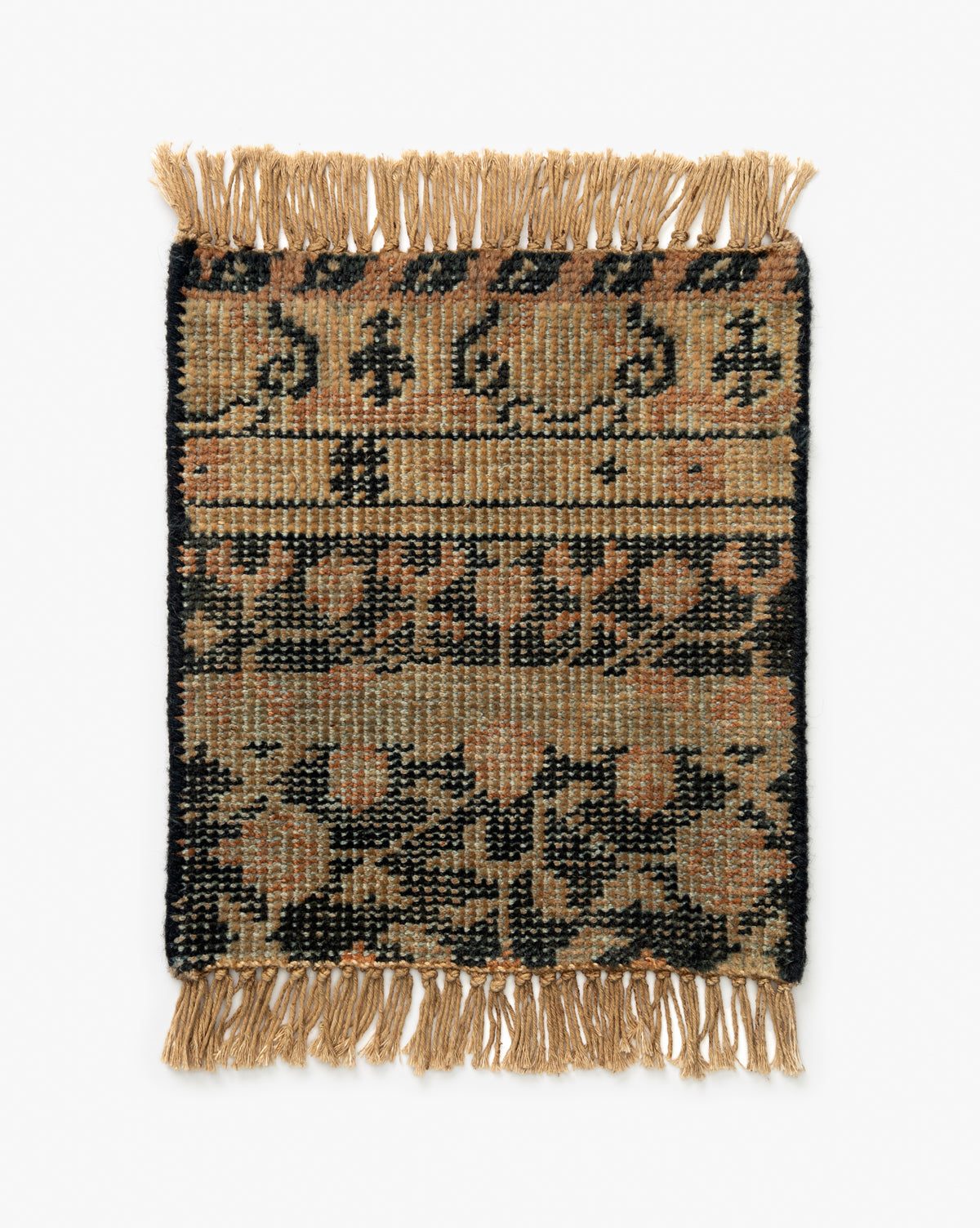 The Campanella Hand-Knotted Wool Rug Swatch features black, brown, and beige geometric and floral patterns in horizontal bands, artisan details, and fringed edges for a traditional look, by McGee & Co.