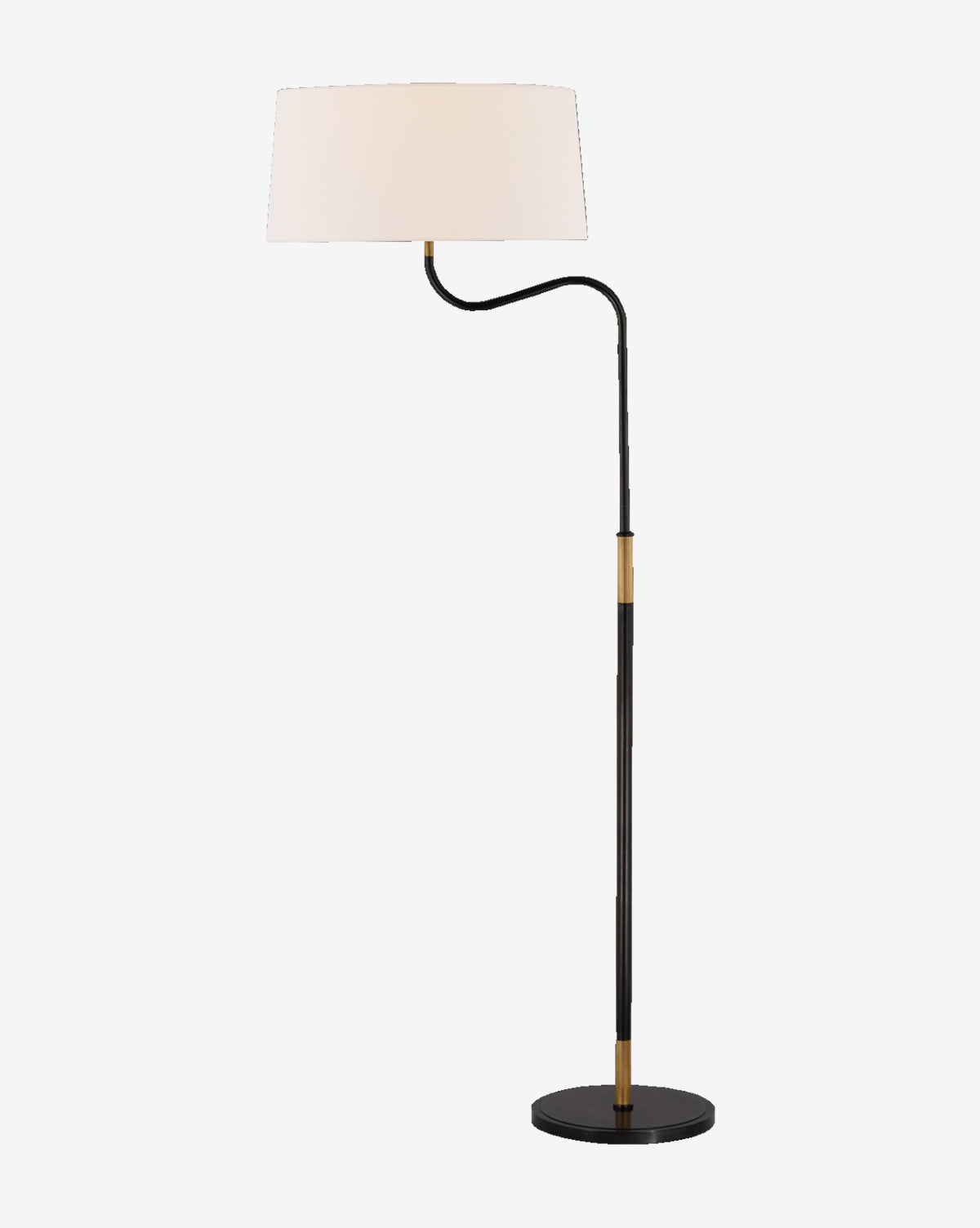 The Canto Large Adjustable Floor Lamp by Visual Comfort & Co. Signature features a round black base, slender black stand with antique brass accents, and a white linen shade on a curved arm for modern style—McGee & Co.