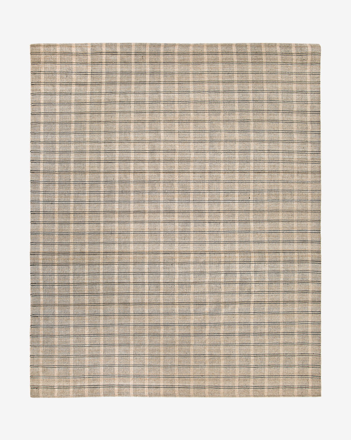 The Carlisle Handwoven Indoor/Outdoor Rug is a square rug with a plaid pattern of intersecting beige and gray lines on a neutral background. Its woven texture, neat edges, and durable design make it ideal for versatile spaces by McGee & Co.