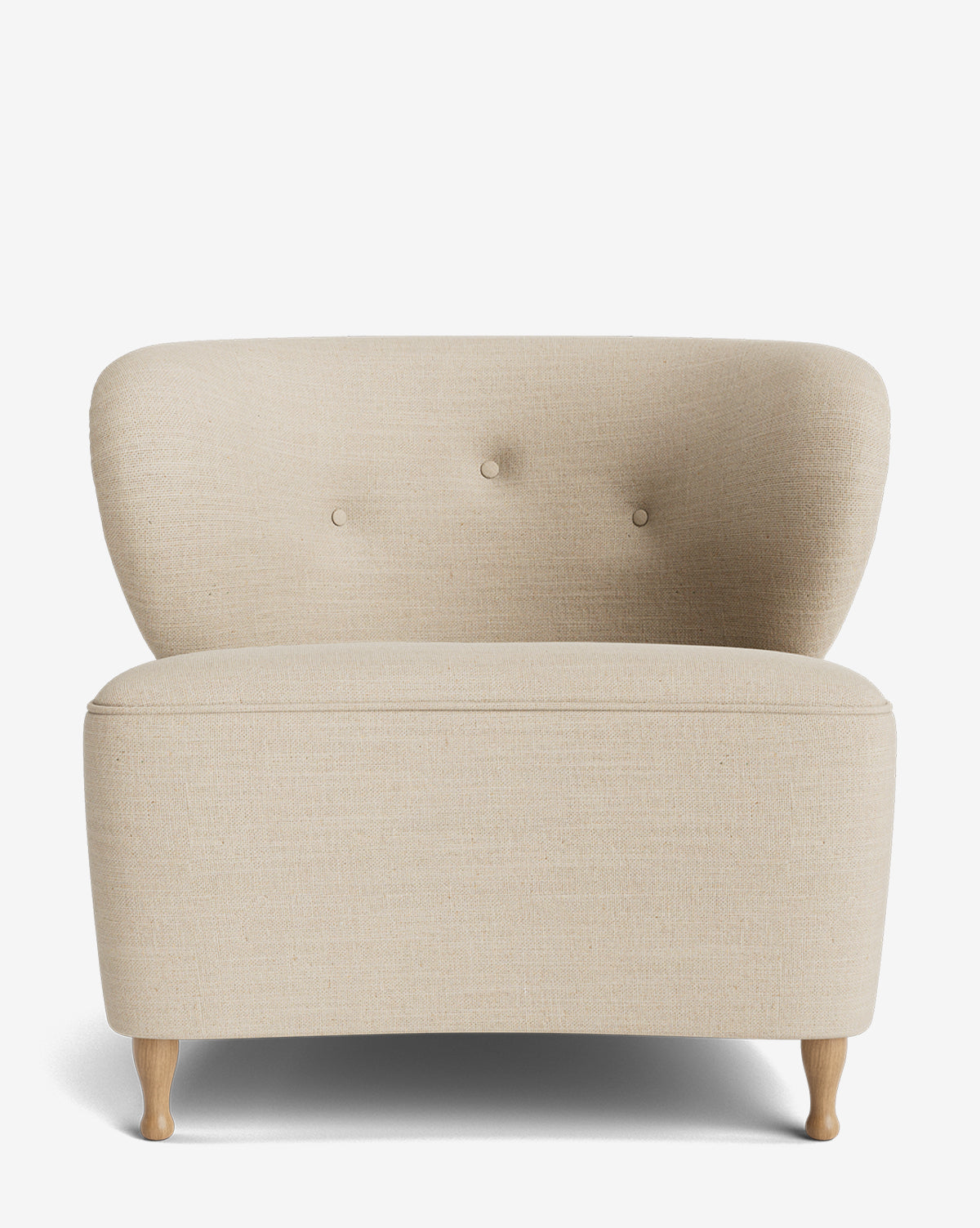The Makerspalm Carmella Slipper Chair showcases beige designer upholstery, a curved back with three button accents, and elegant red oak legs, displayed against a plain white background. McGee & Co.