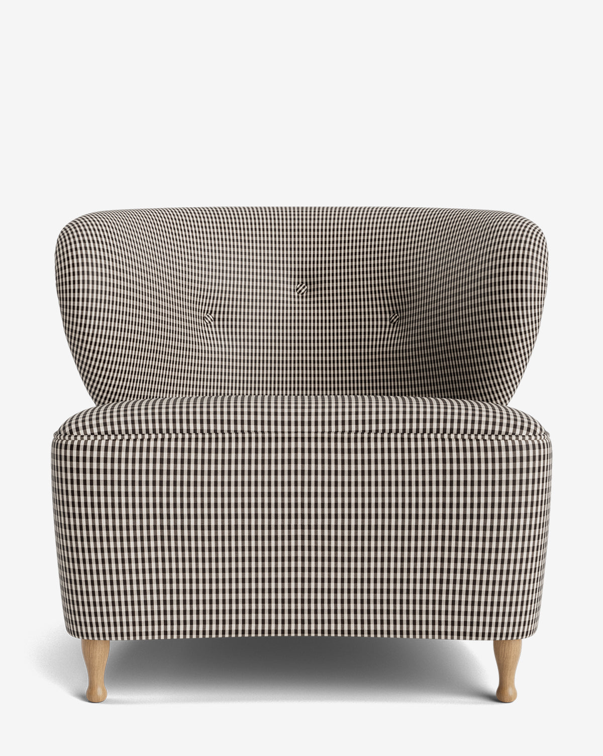 The Carmella Slipper Chair features designer black and white gingham upholstery, a cushioned seat, rounded backrest with button details, and light red oak legs, showcased against a plain white background by McGee & Co.