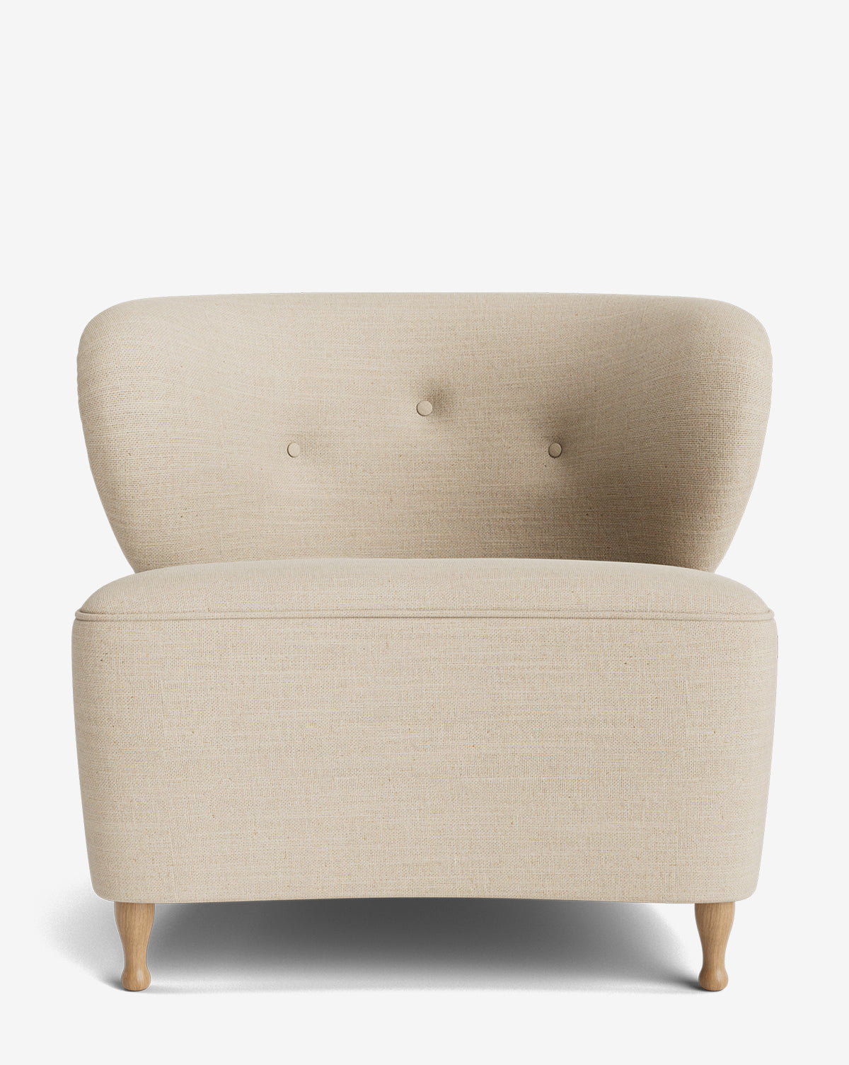 The Carmella Slipper Chair features beige upholstery, a curved backrest with three buttons, and red oak legs, shown from the front against a plain white background by McGee & Co.