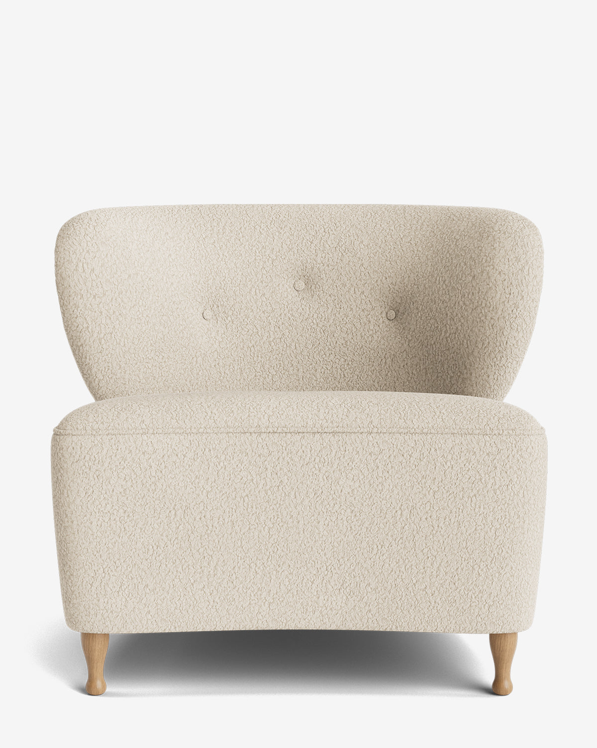 The Carmella Slipper Chair is a modern, armless loveseat with a curved backrest, light beige designer upholstery featuring three buttons, and four short red oak legs, by McGee & Co.