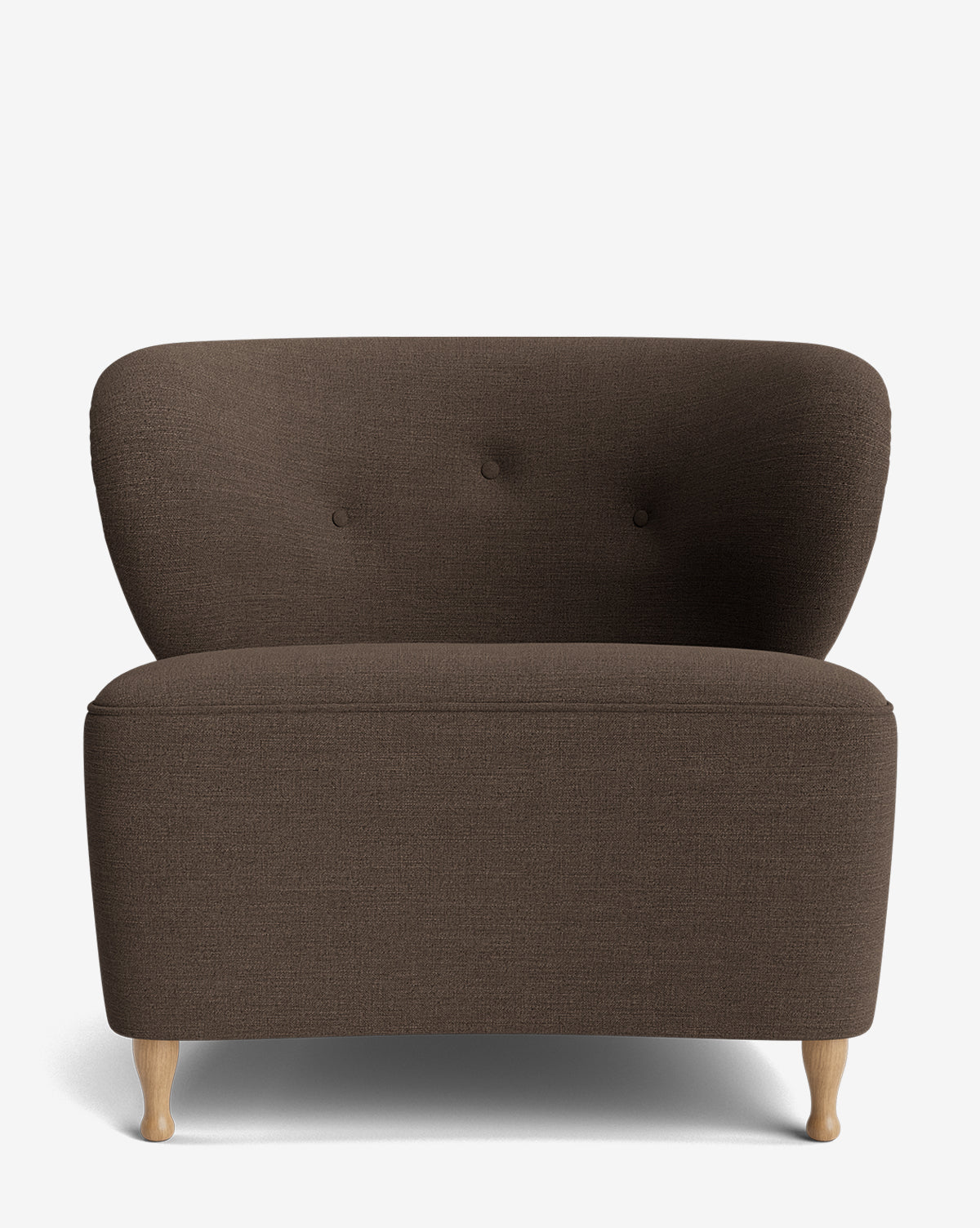 The Carmella Slipper Chair features dark brown designer upholstery, a curved three-button backrest, and four light red oak legs, displayed against a plain white background by McGee & Co.