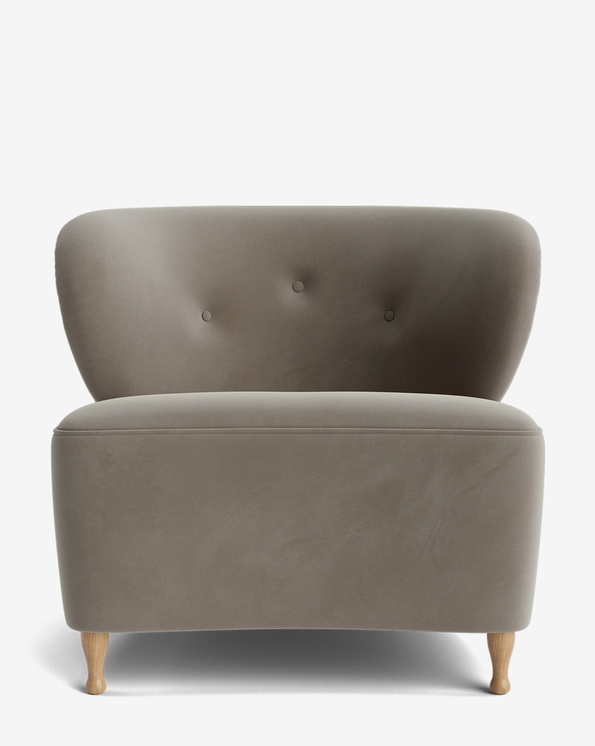 The Carmella Slipper Chair features a curved backrest, three button tufts, soft taupe designer upholstery, and light red oak legs, shown from the front against a white background by McGee & Co.