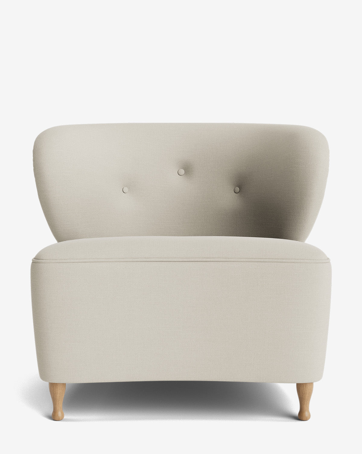 The Carmella Slipper Chair is a modern, light beige seat with designer upholstery, three buttons on the backrest, curved edges, and four short red oak legs, shown against a plain white background by McGee & Co.