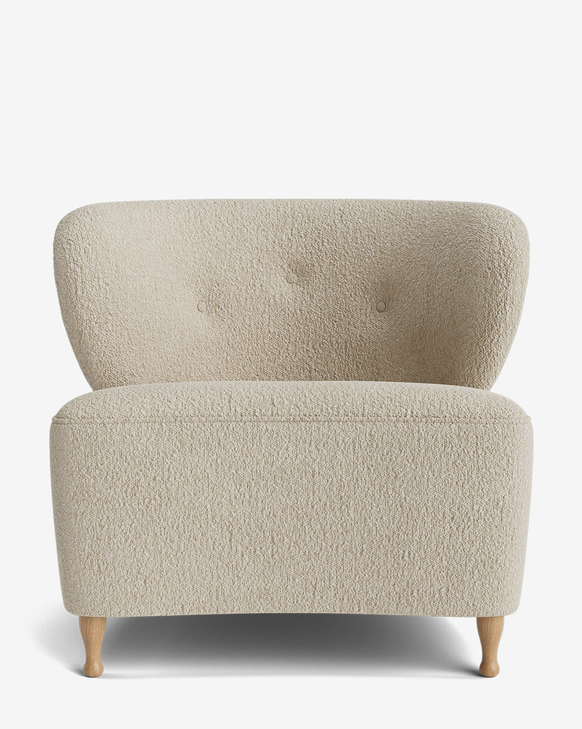 Front view of the Carmella Slipper Chair in beige textured upholstery with a curved backrest, three tufted buttons, and red oak legs, shown against a plain white background by McGee & Co.