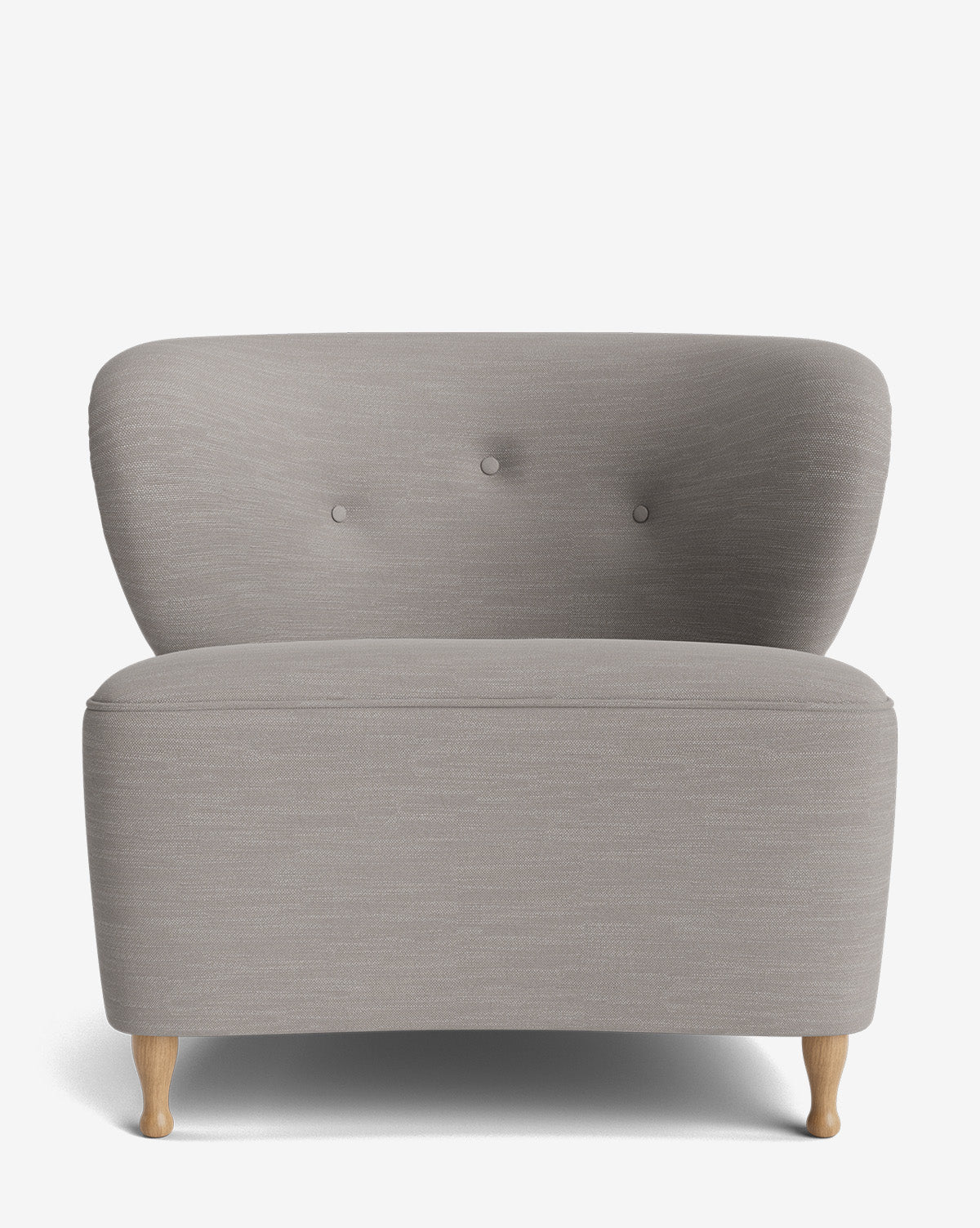 The Carmella Slipper Chair, in light grey designer upholstery, showcases a curved back with three buttons and four elegant red oak legs, set against a plain white background by McGee & Co.