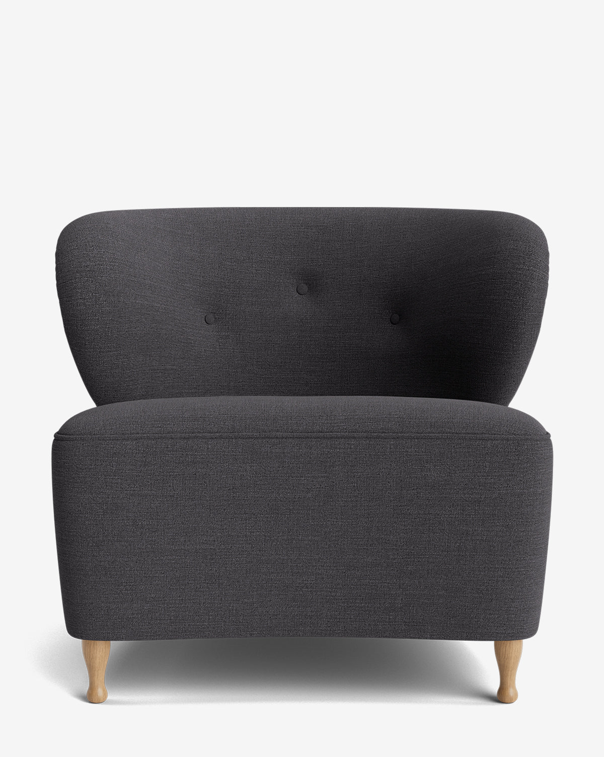 The Carmella Slipper Chair features designer dark grey upholstery, a wide curved backrest with three buttons, and elegant red oak legs, shown against a plain white background by McGee & Co.