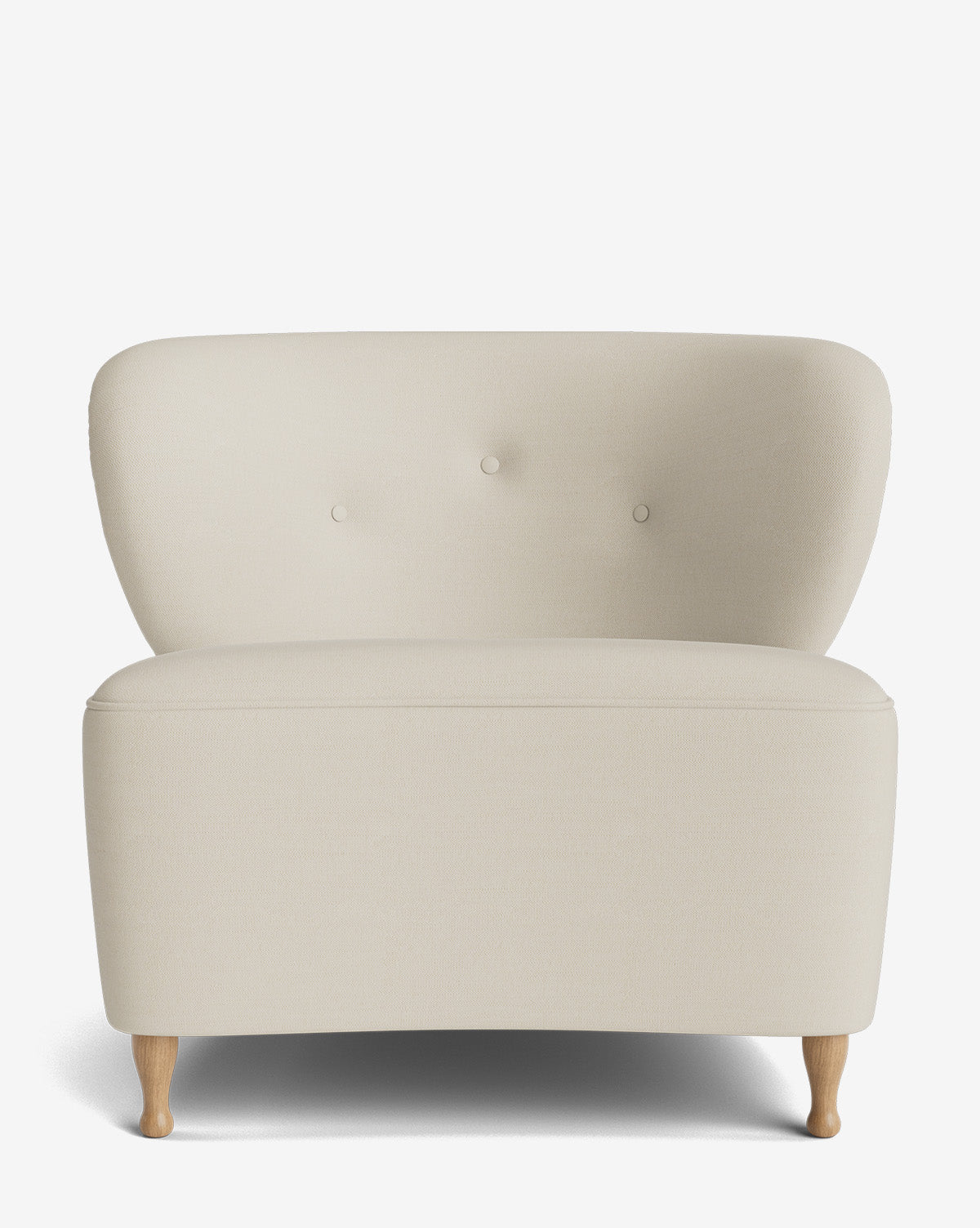 The Carmella Slipper Chair, featuring a modern cream design with a curved backrest, subtle button accents, and elegant red oak legs, is photographed against a plain white background by McGee & Co.