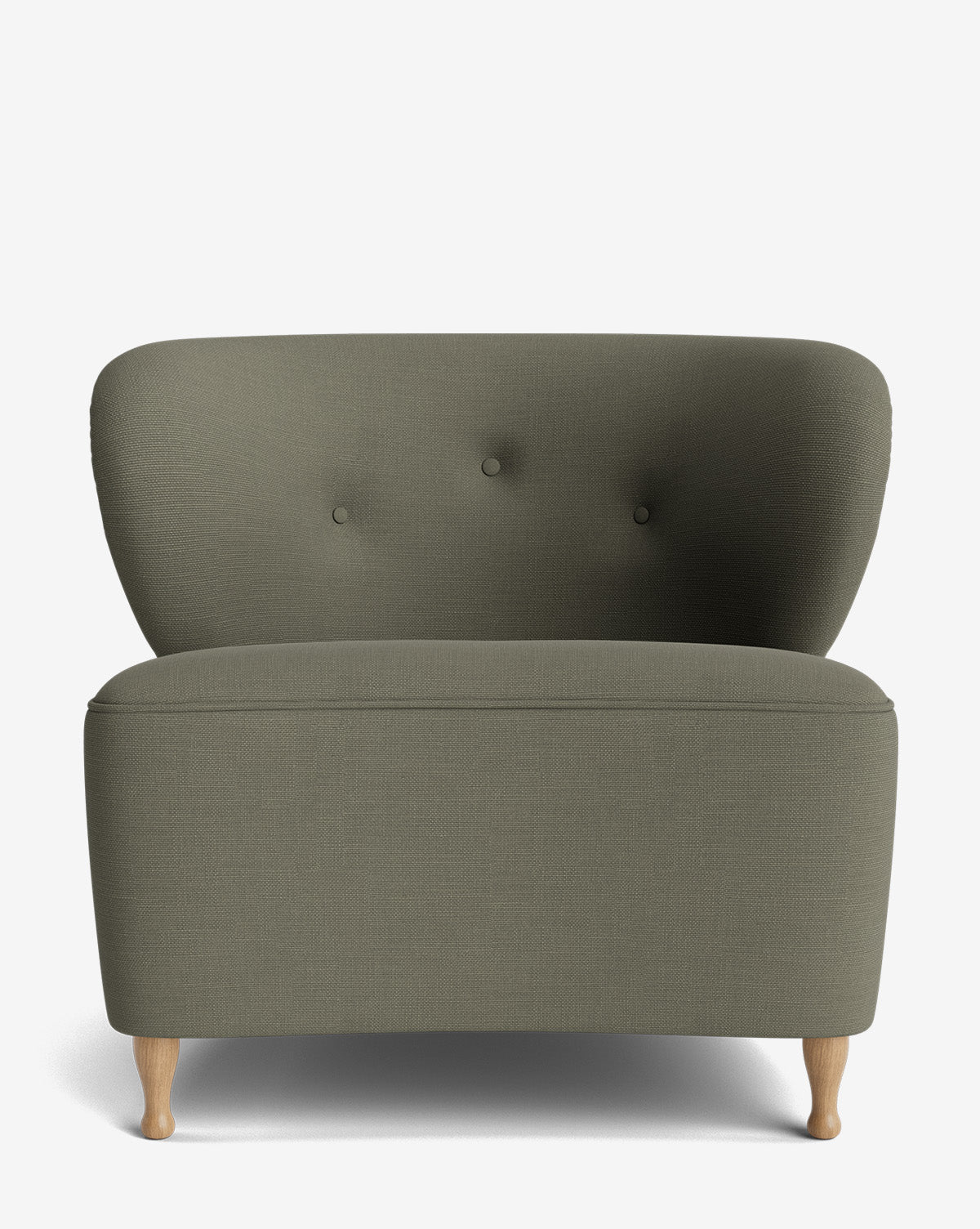 The Carmella Slipper Chair is a modern olive green accent chair with designer upholstery, three buttons on its curved backrest, red oak legs, and a minimalist design, displayed against a white background by McGee & Co.
