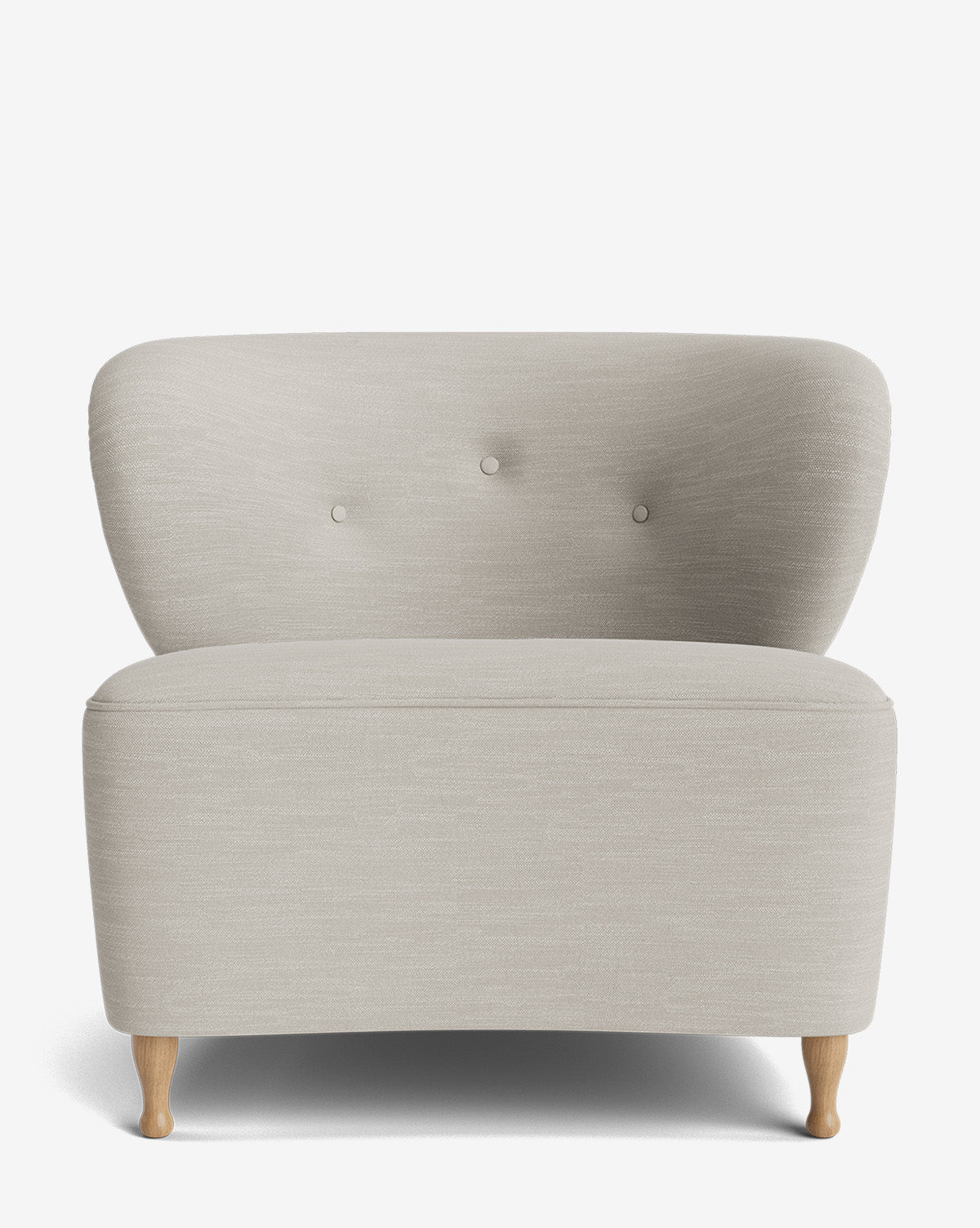 The Carmella Slipper Chair is a modern, light beige chair with designer upholstery, a curved backrest featuring three buttons, and short red oak legs, shown against a plain white background by McGee & Co.