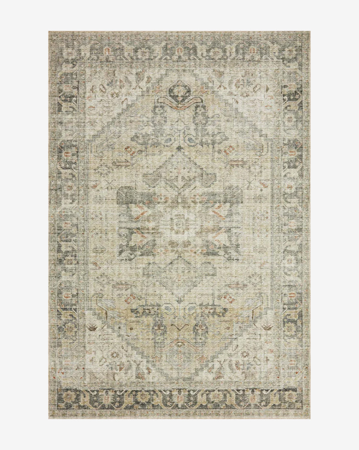 The Cassis Rug is a rectangular, vintage-inspired rug with an ornate central medallion and decorative border, featuring a faded intricate pattern in beige, gray, brown, and green for timeless charm, by McGee & Co.