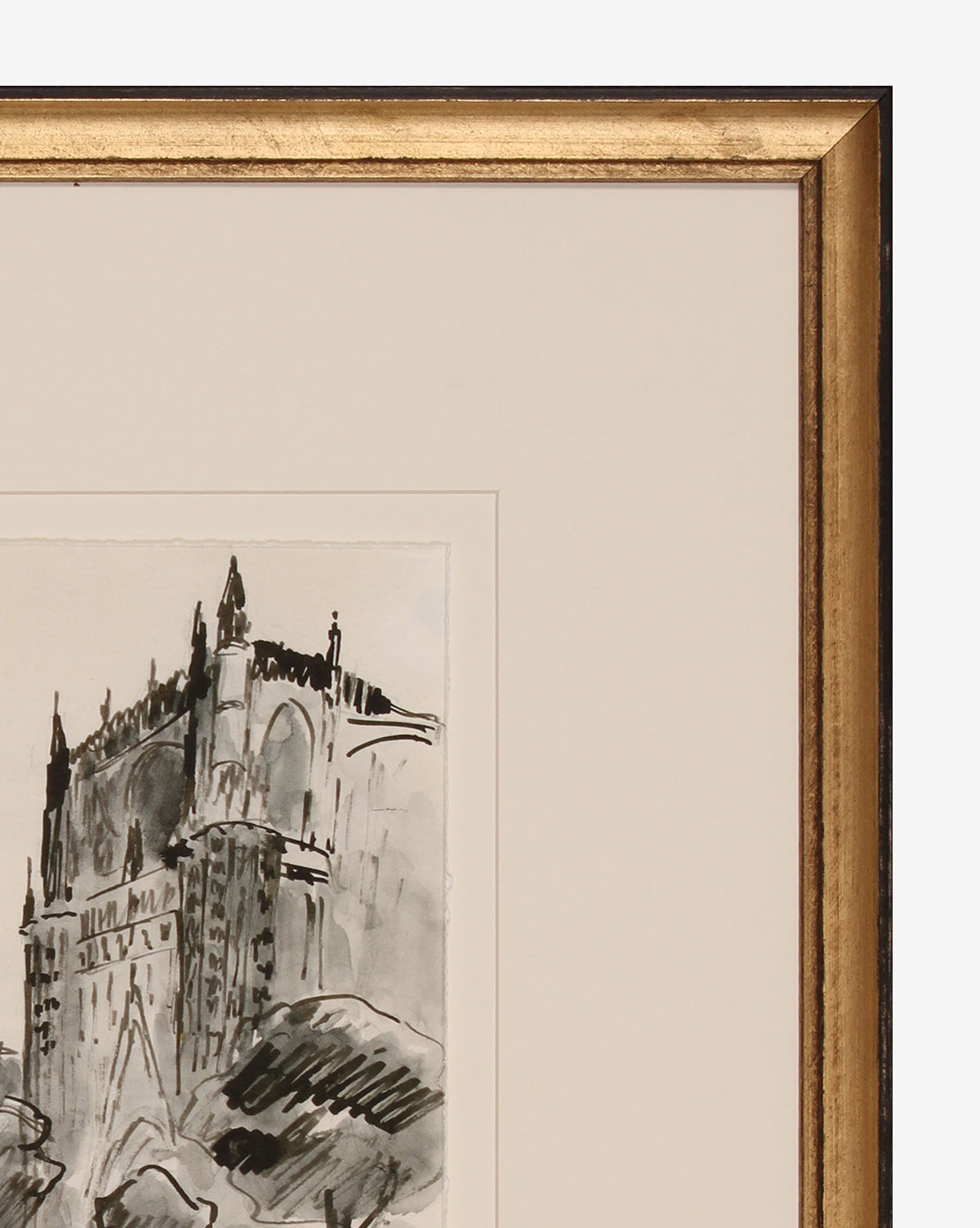 Castle Sketch: Framed black-and-white drawing of a Gothic cathedral with tall spires and arched windows, partially hidden by brushstrokes suggesting foliage, set in an elegant gold frame.